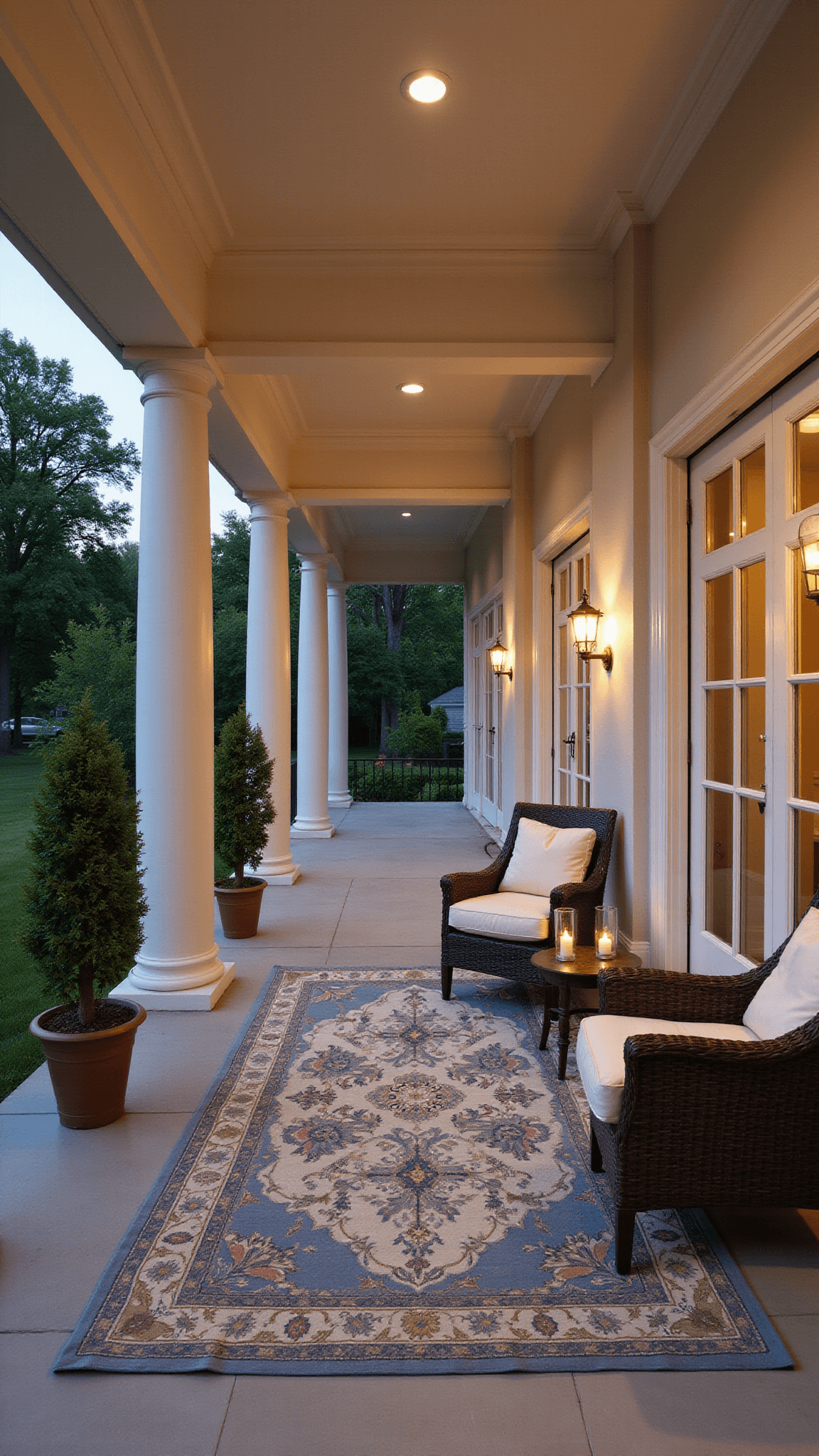 Elegant traditional veranda at dusk with wicker armchairs, cream cushions, boxwood topiaries, and oriental rug in muted tones.