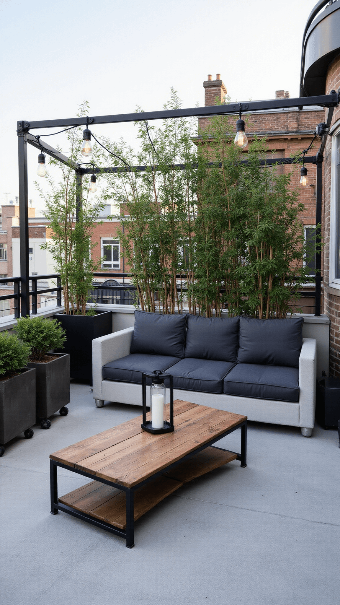 Industrial rooftop patio with metal pergola, concrete seating, bamboo planters, and reclaimed wood table, all in monochrome grey tones with warm wood accents and string lights.