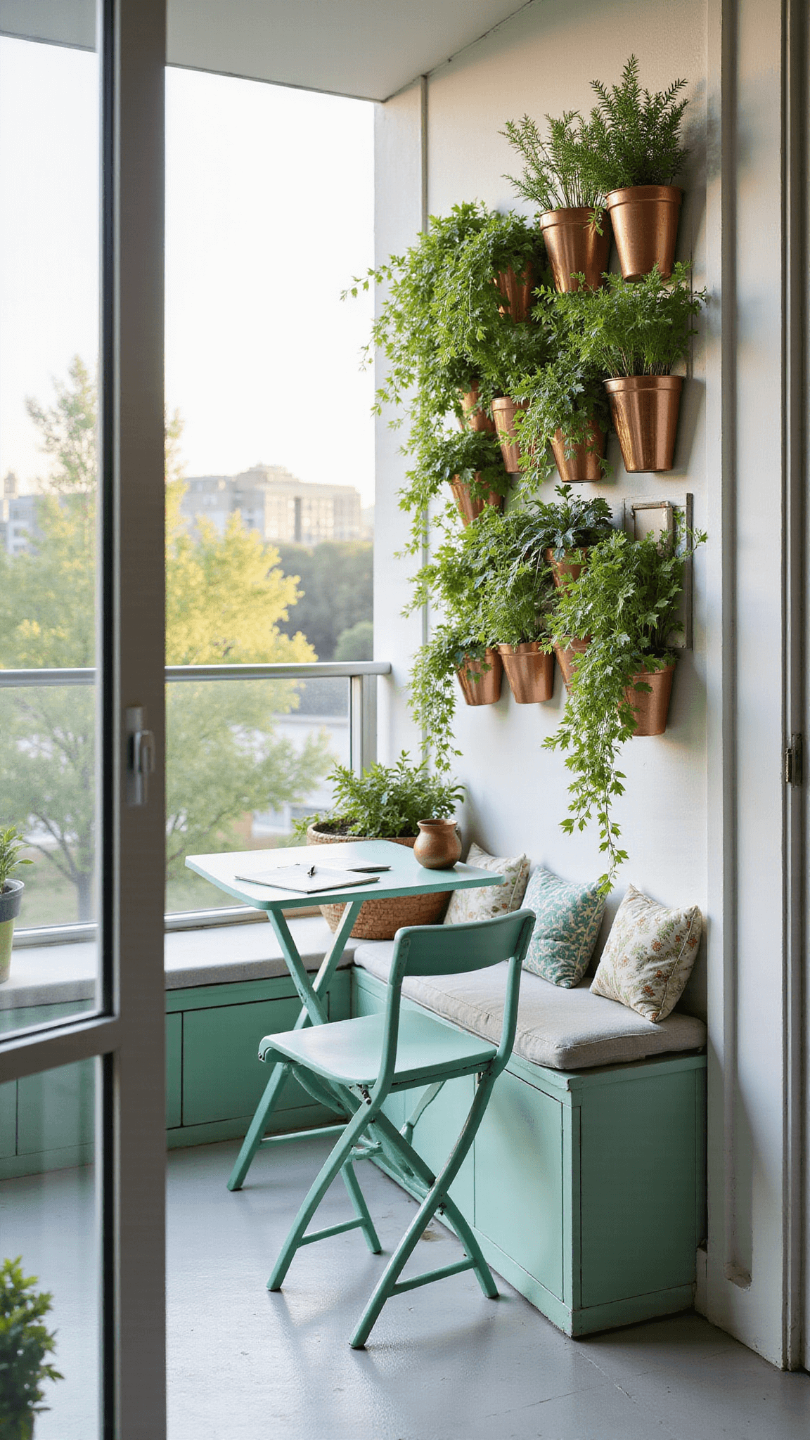 Cozy small balcony with mint green bistro set, vertical herb garden, copper hanging planters, and compact storage bench in morning light.