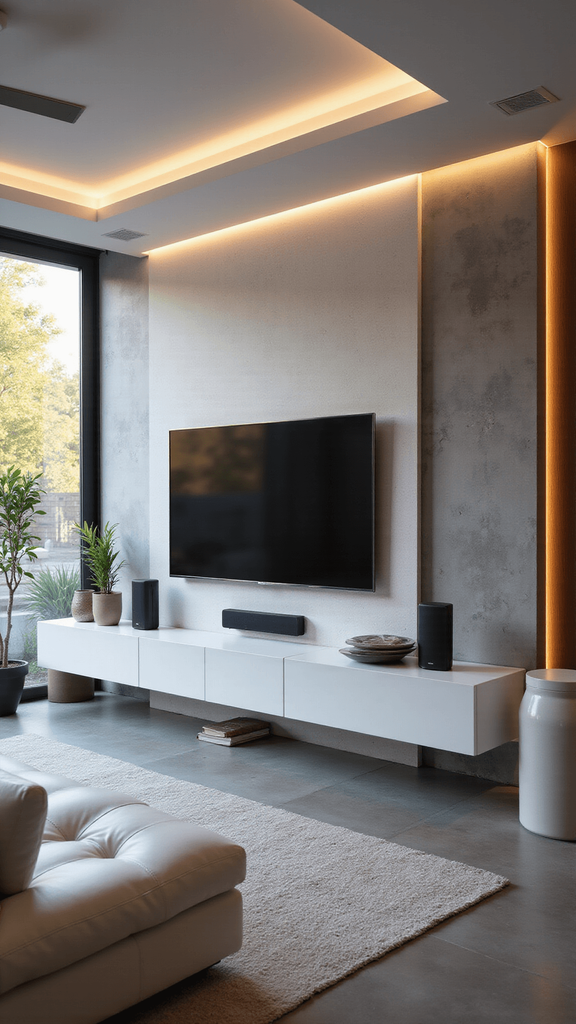 Contemporary 20x24ft living room with floor-to-ceiling windows, modular white sofa, floating Frame TV on gray accent wall, ambient LED lighting, and tech-integrated decor in soft grays, white, and navy accents.