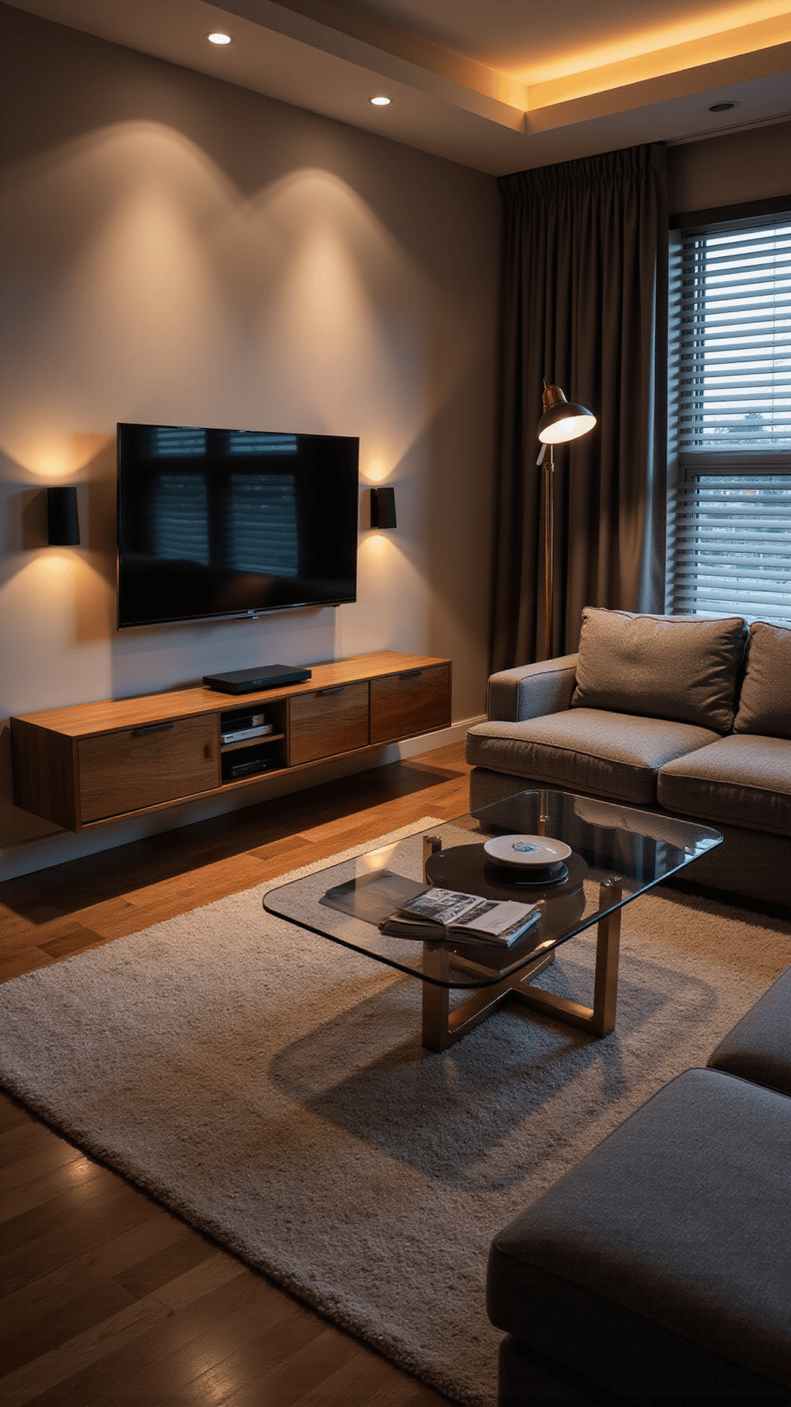 Low-angle view of a cozy 15x18ft smart living room at dusk with warm dim lighting, curved OLED TV above walnut floating console, voice-controlled blinds, gray sectional with USB ports, and tech-integrated glass coffee table.