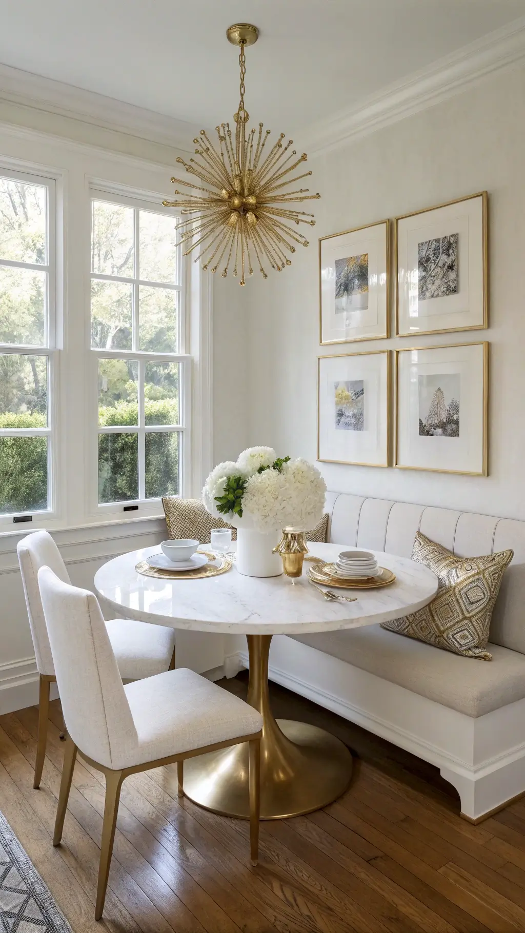 Eye-level view of a cozy morning kitchen nook with white marble table, white banquette seating, gold accents, and soft eastern light illuminating hydrangeas centerpiece and gallery wall.