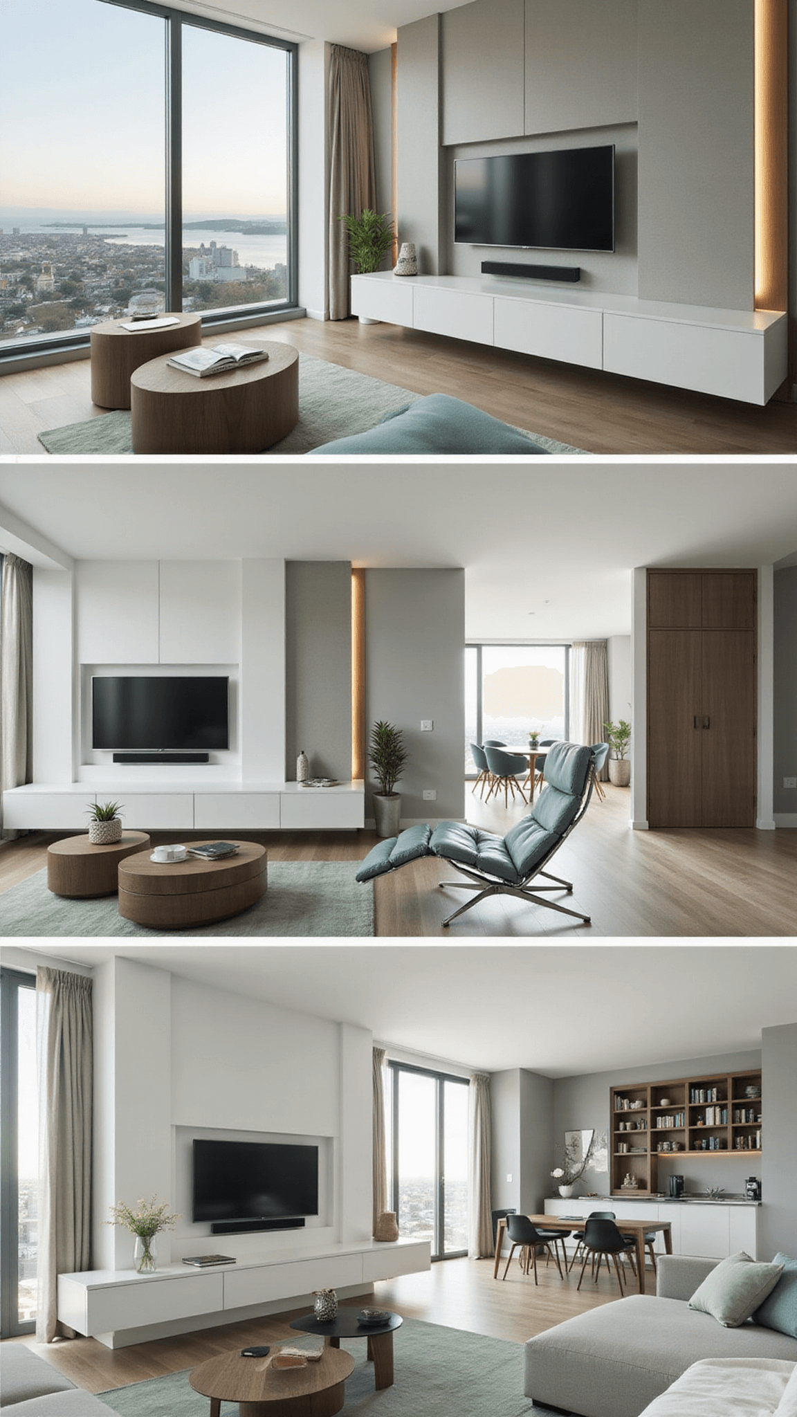 Compact 12x14ft smart living space with minimalist entertainment wall, multifunctional furniture, and natural morning light filtering through smart-tinted windows.