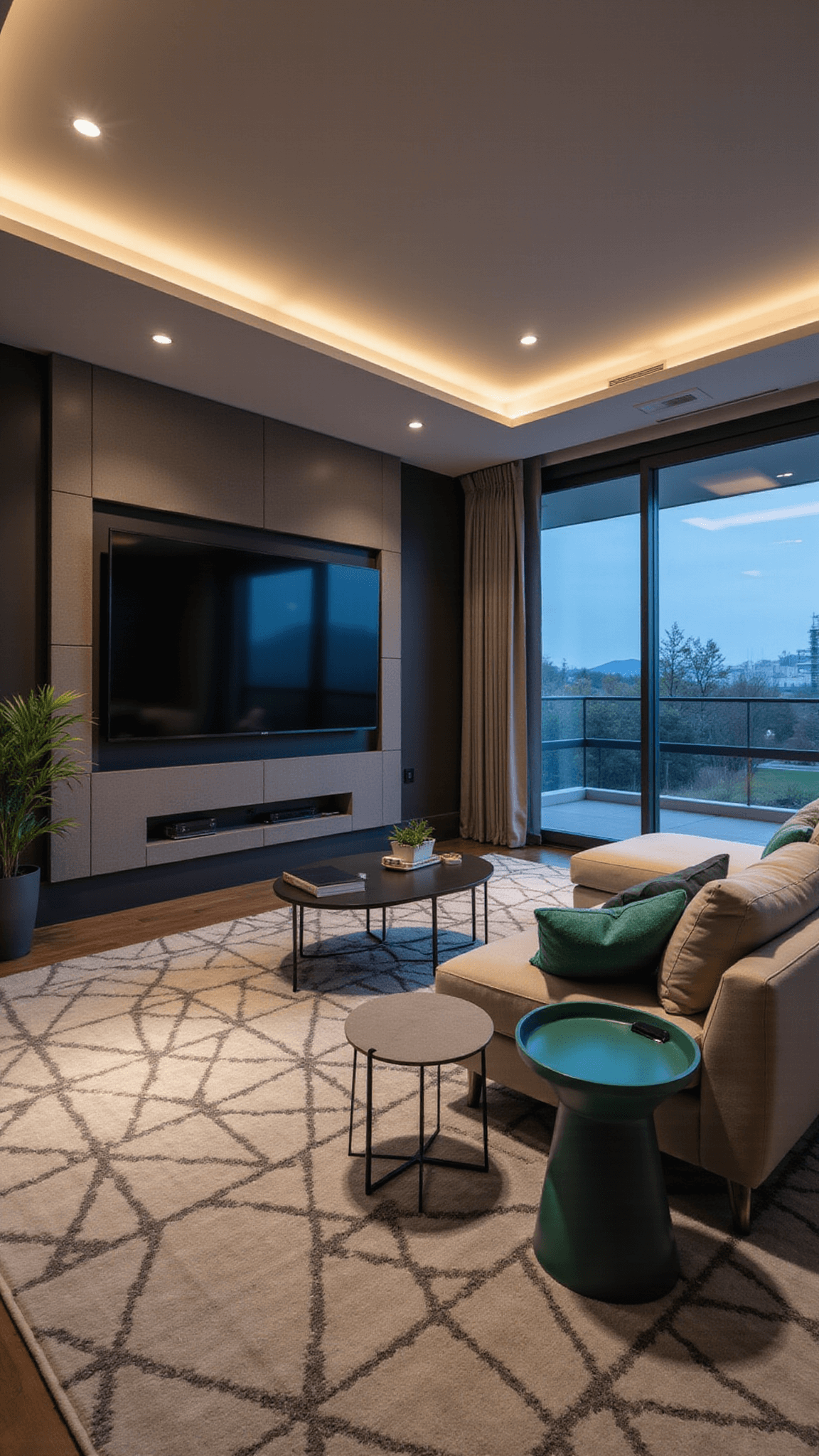 Wide twilight view of modern 18x22ft smart living area with ambient lighting transitions, featuring a statement media wall with smart controls, pearl gray sectional, tech-integrated tables, and geometric carpet in charcoal, white, and emerald green accents.