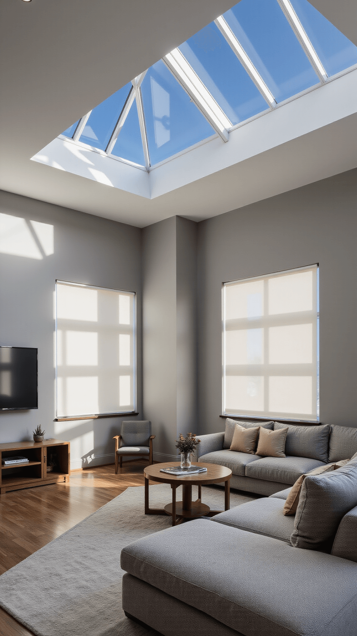 Smart living room at blue hour with modernist furniture, skylights casting shadows, modular seating, and voice-activated sheer window treatments.
