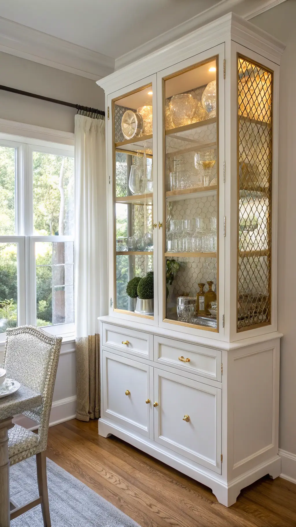 Corner kitchen vignette featuring a white china cabinet with gold mesh inserts, illuminated interior displaying crystal and porcelain, gold bar cart with decanters, and gold-rimmed mirrors reflecting natural light.
