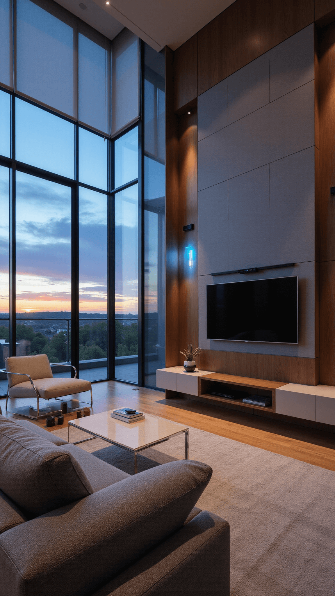 Eye-level panoramic view of a luxury smart living room at sunset with floor-to-ceiling windows, ambient-lit TV wall, modular tech seating, and a floating dark oak console, featuring a sleek gray and white palette with blue accents.
