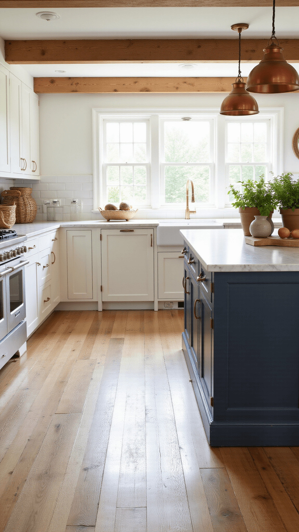 Farmhouse kitchen with exposed beams, wide-plank oak floors, navy island with marble top, and creamy shaker cabinets bathed in natural morning light.