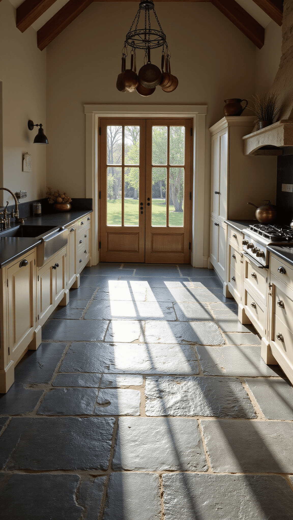 Rustic 12x18ft kitchen with slate Roman-pattern flooring, cream cabinets, dark soapstone counters, and late afternoon sunlight casting shadows through French doors.
