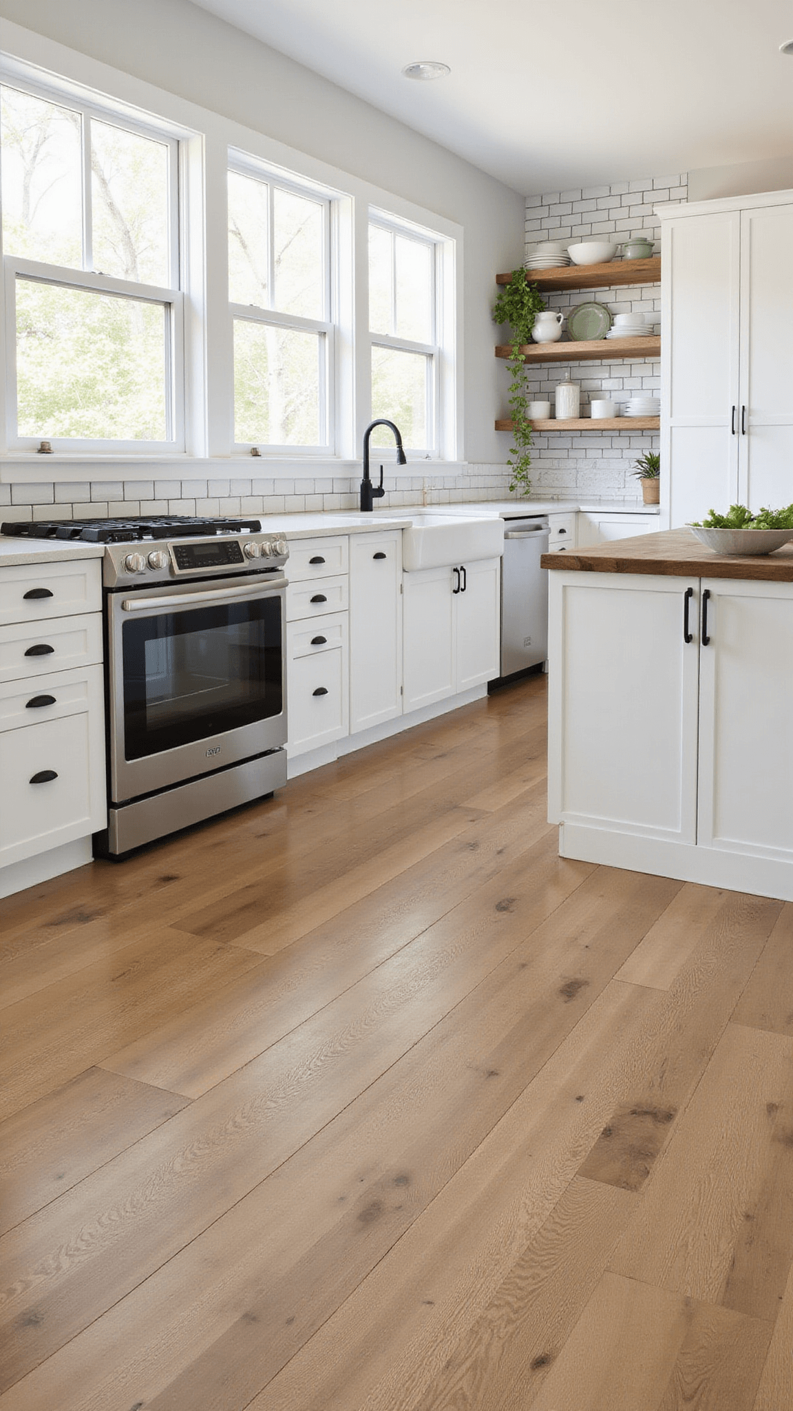 Modern farmhouse kitchen with wide honey-toned vinyl plank flooring, white cabinets with black hardware, reclaimed wood island, and abundant natural light from tall windows.