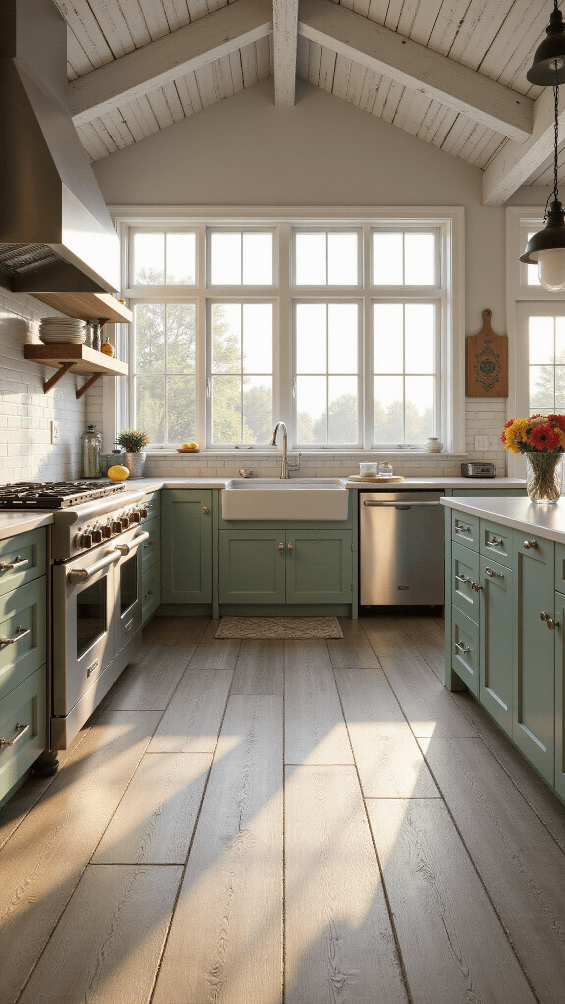 Spacious 16x24ft kitchen with weathered wood-look porcelain tiles, whitewashed trusses on 12ft ceilings, sage green cabinets, stainless appliances, and golden hour lighting casting dramatic shadows.