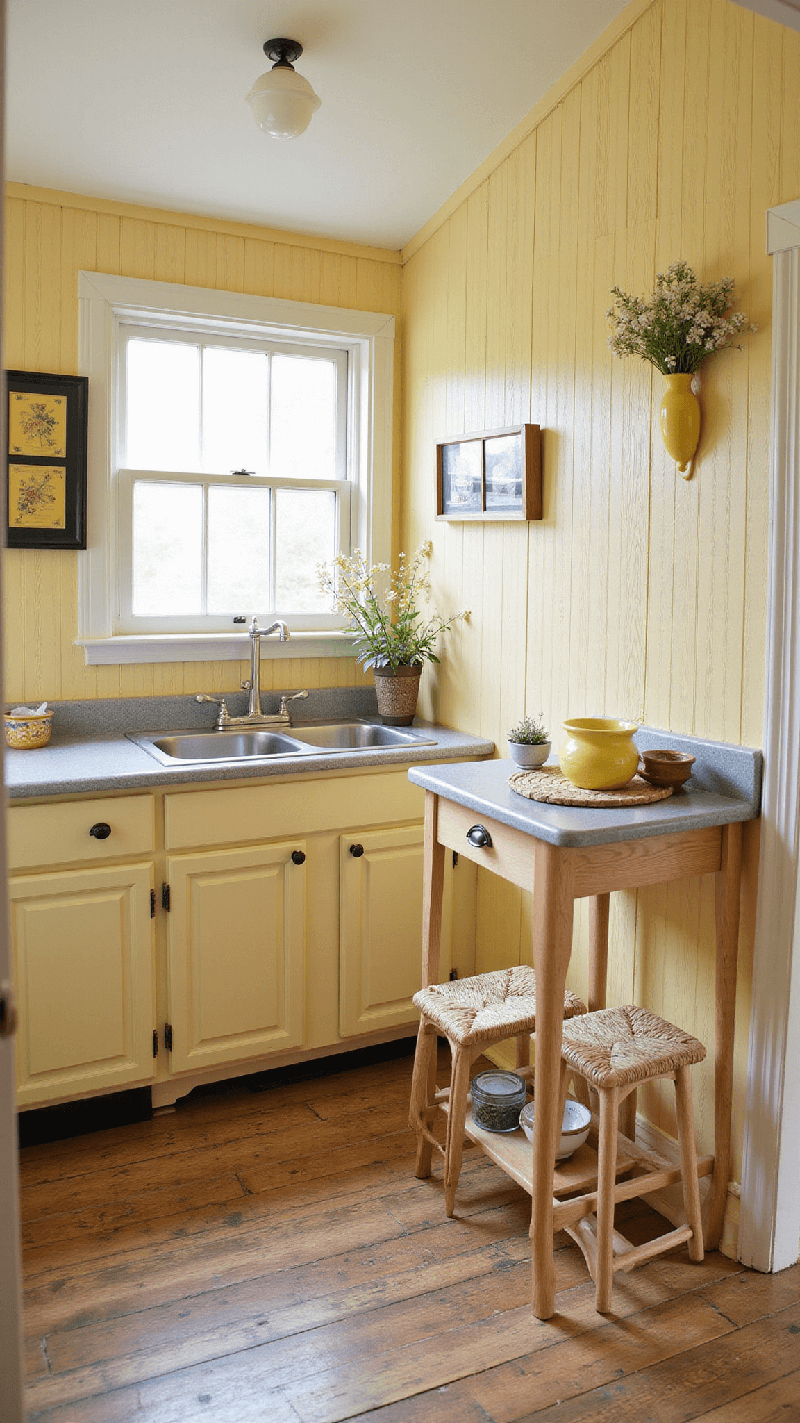 Cozy 10x12ft cottage kitchen with worn reclaimed pine floors, butter yellow beadboard walls, and morning light through corner windows; decorated with quilts, yellowware bowls, and wildflowers.