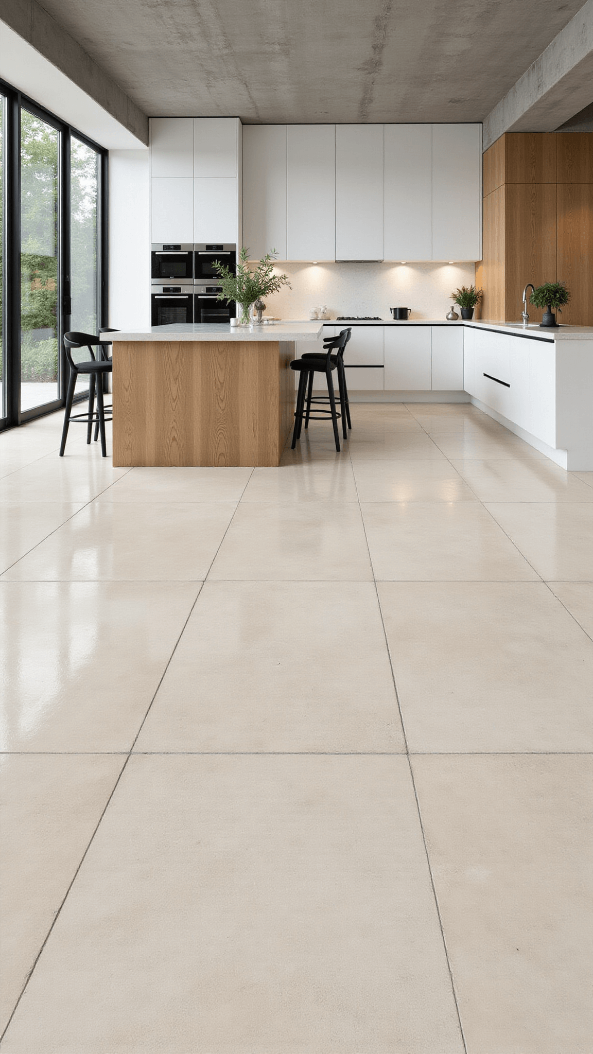 Open-concept kitchen with cream limestone tiles, white cabinets, bleached oak island, concrete ceiling, and floor-to-ceiling windows.