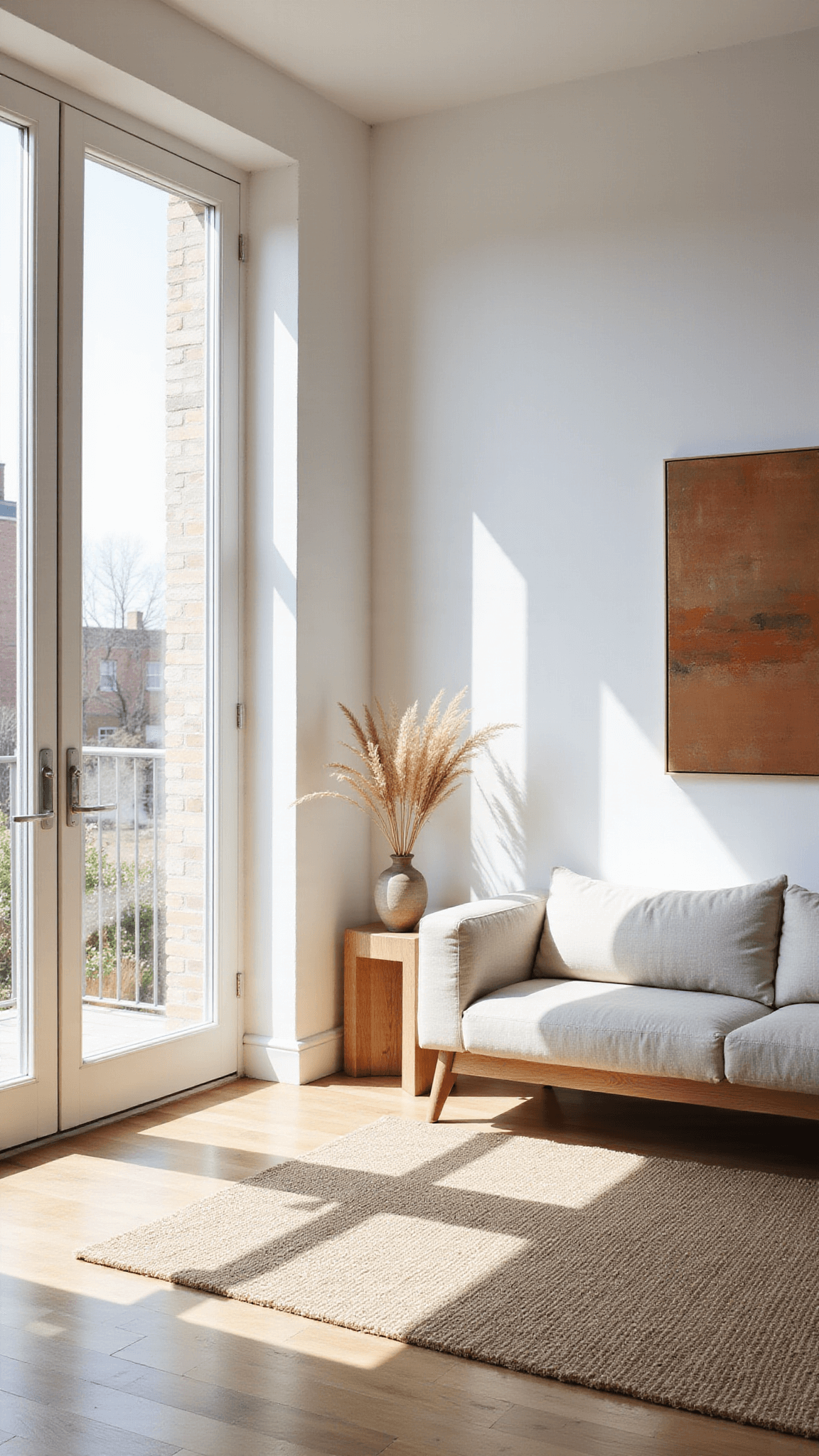 Minimalist sunlit living room with oatmeal linen sofa, jute rug, and abstract terracotta artwork against whitewashed walls and floor-to-ceiling windows.