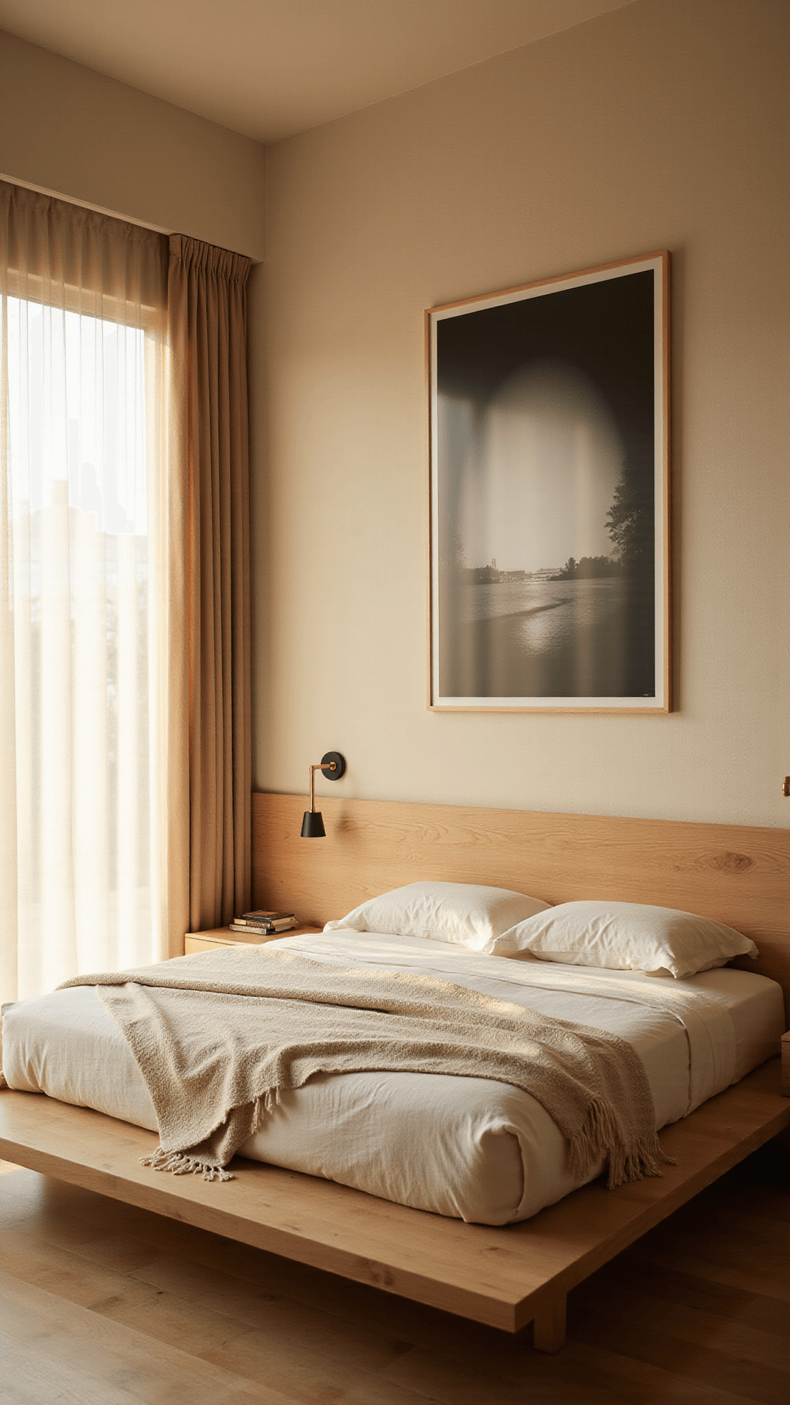 Master bedroom at golden hour with platform bed, natural linen bedding, brass sconces, and soft sunlight through sheer curtains.