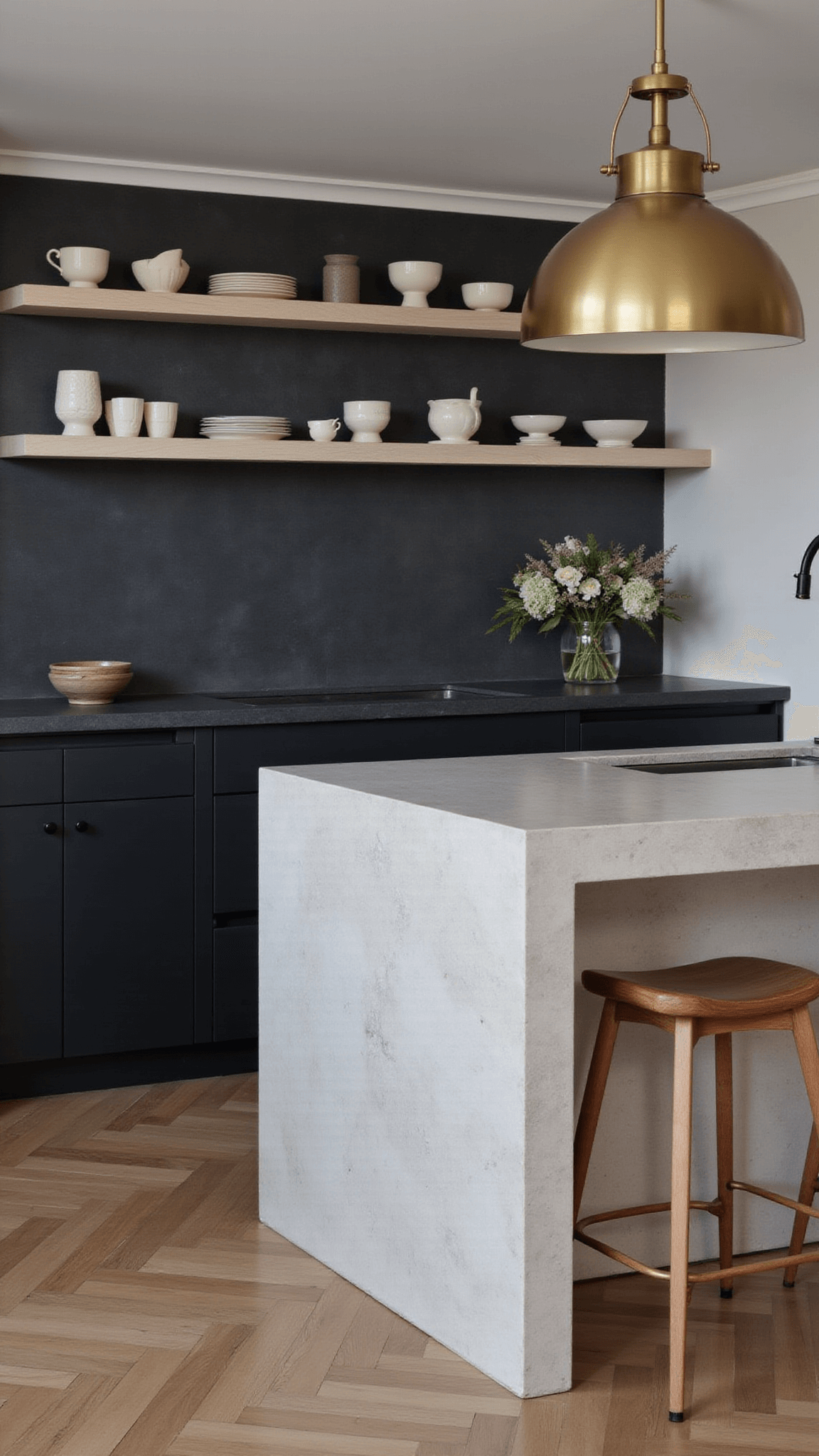 Modern kitchen with honed limestone island, matte black cabinets, white oak shelves showcasing neutral ceramics, aged brass pendant, and dark stone backsplash at blue hour.
