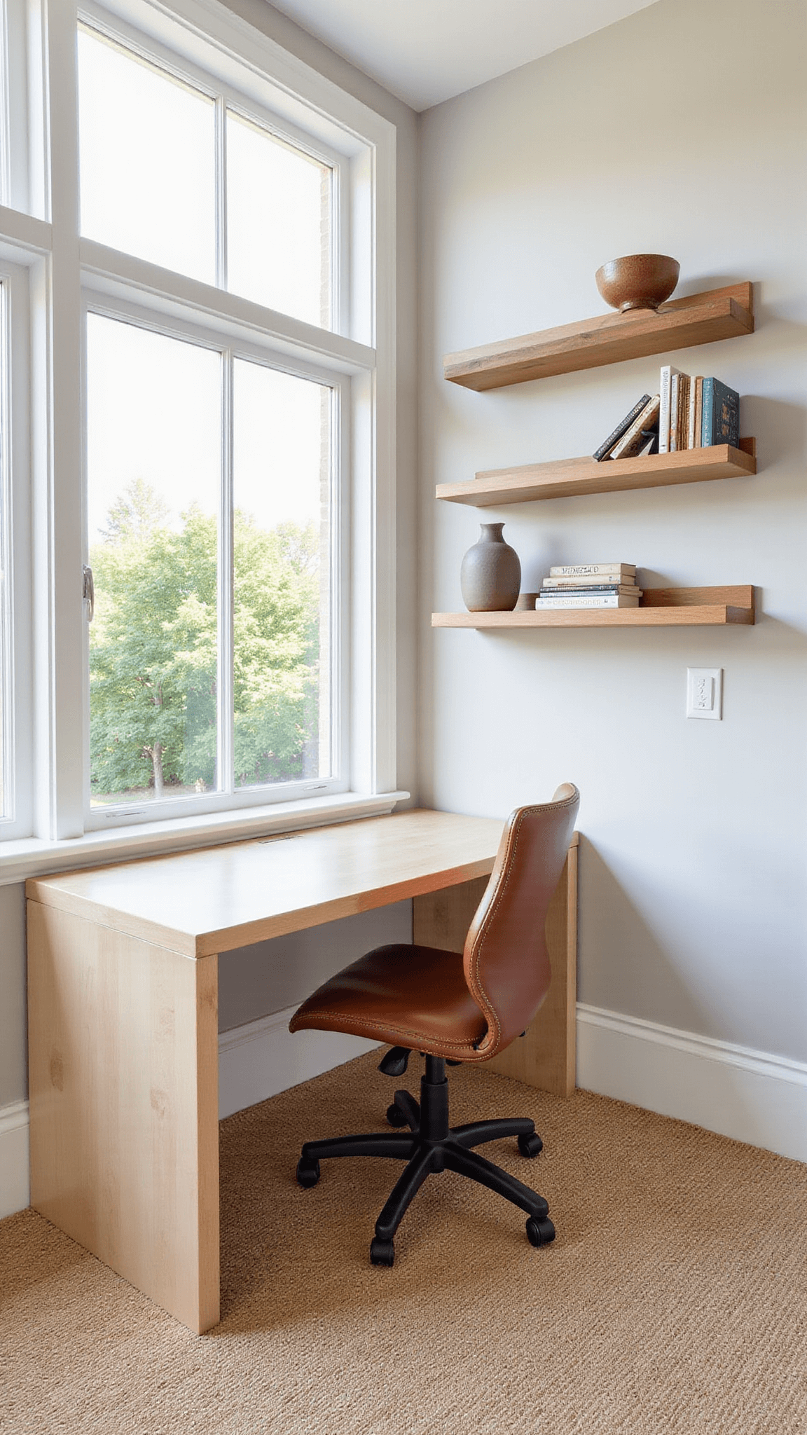 Minimalist home office with floating maple desk, cognac leather chair, oak shelves, and floor-to-ceiling windows in natural midday light.