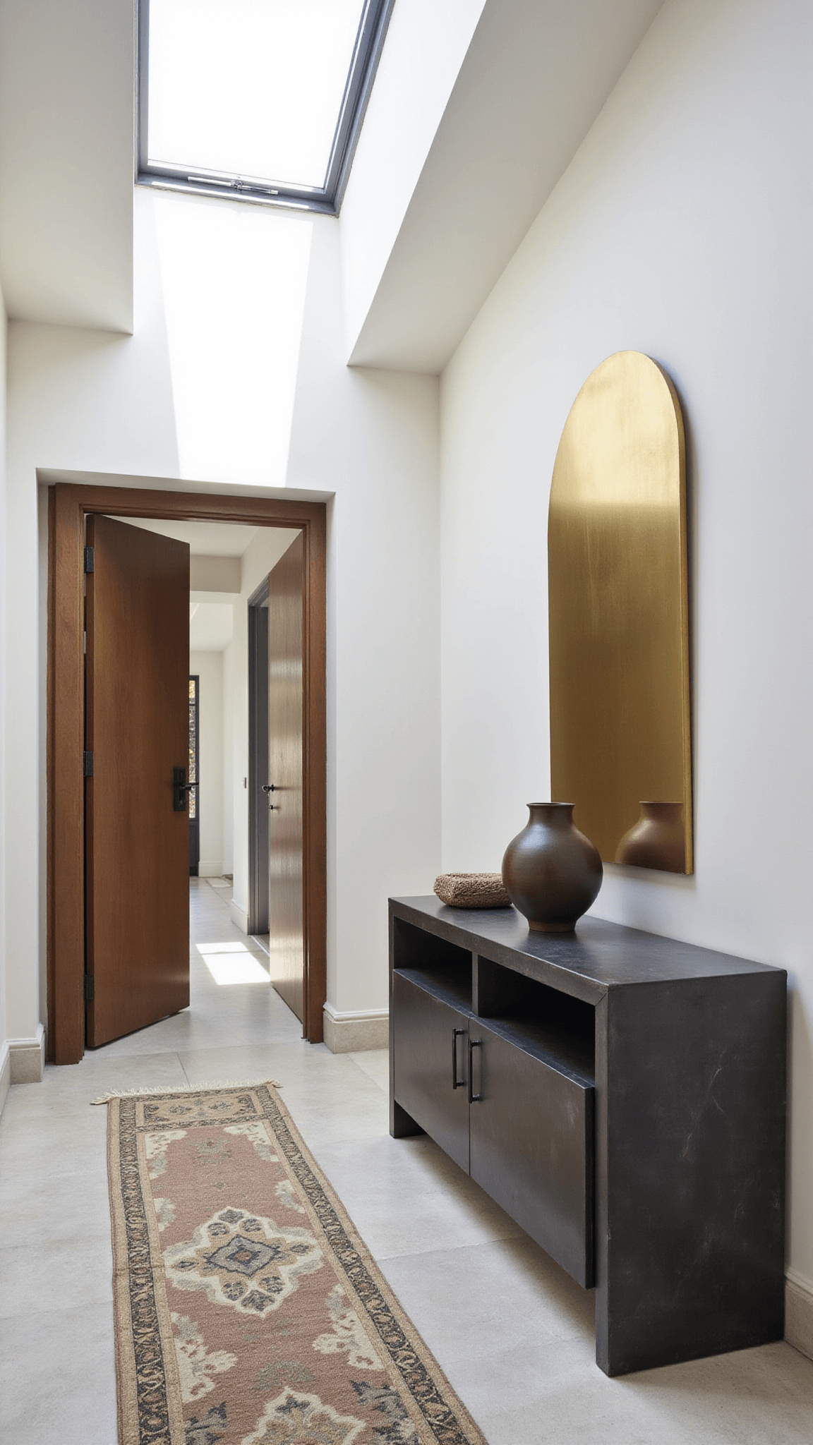Minimalist entryway with 14ft ceiling, skylight, blackened steel console, oversized ceramic vessel, brass mirror, limestone floor with vintage runner, and dramatic noon lighting.