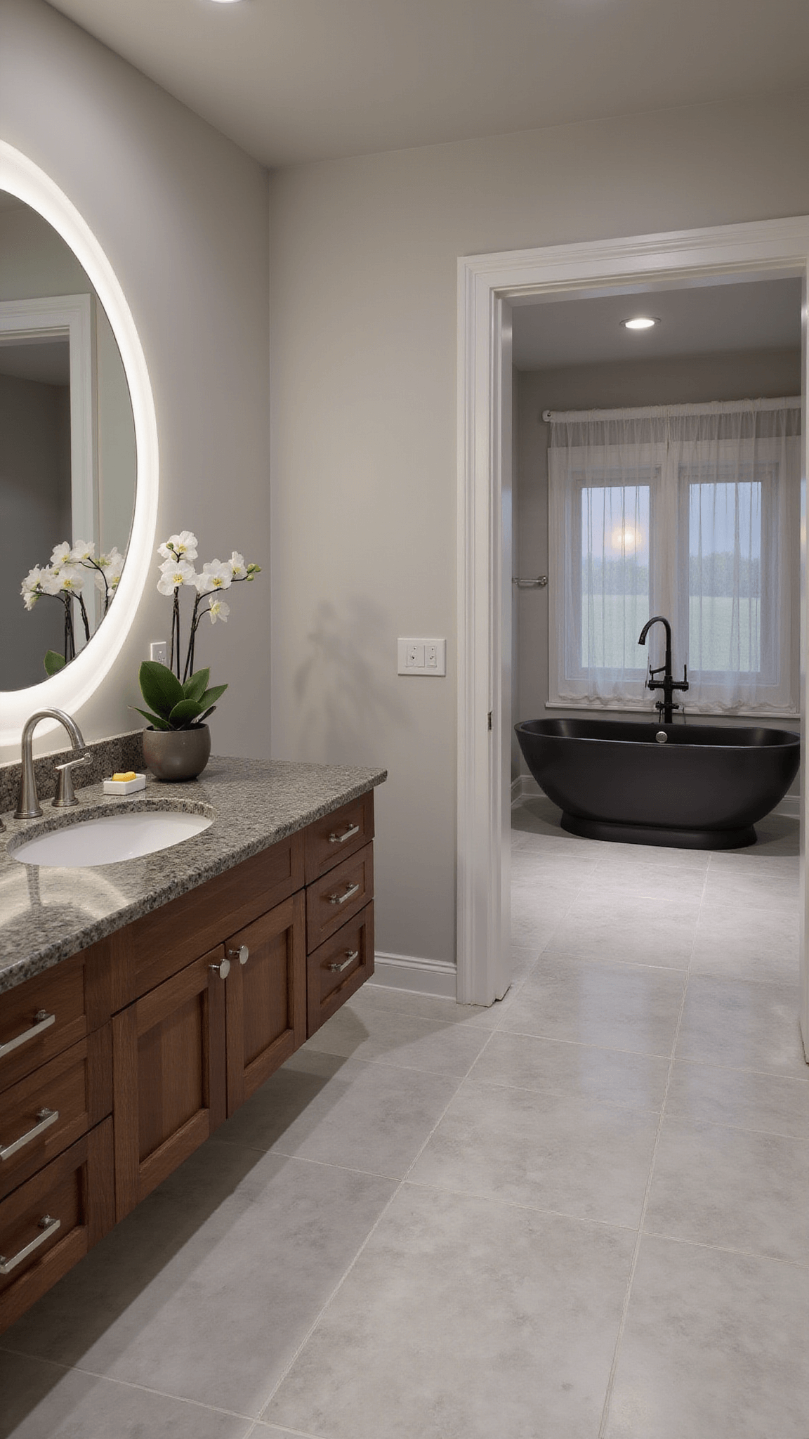 Luxurious marble-tiled bathroom with floating walnut vanity, round backlit mirror, freestanding tub, and soft ambient lighting at dusk.