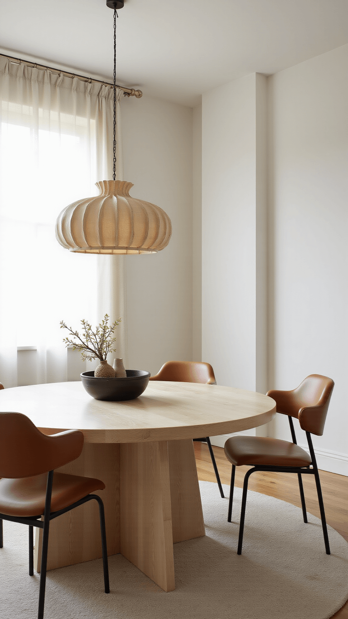 Minimalist dining space with 8ft bleached oak round table, four leather and blackened steel chairs, paper pendant light, ikebana centerpiece, and warm white walls in natural morning light.