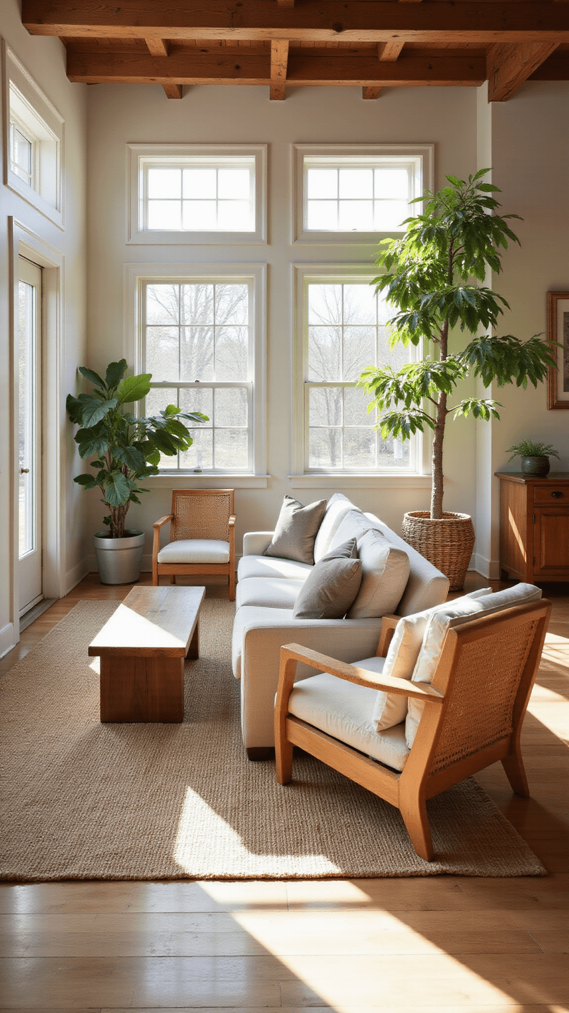 Sunlit modern organic minimalist living room with exposed beams, walnut dining table, oatmeal linen sofa, jute rug, rattan chairs, and fiddle leaf figs.