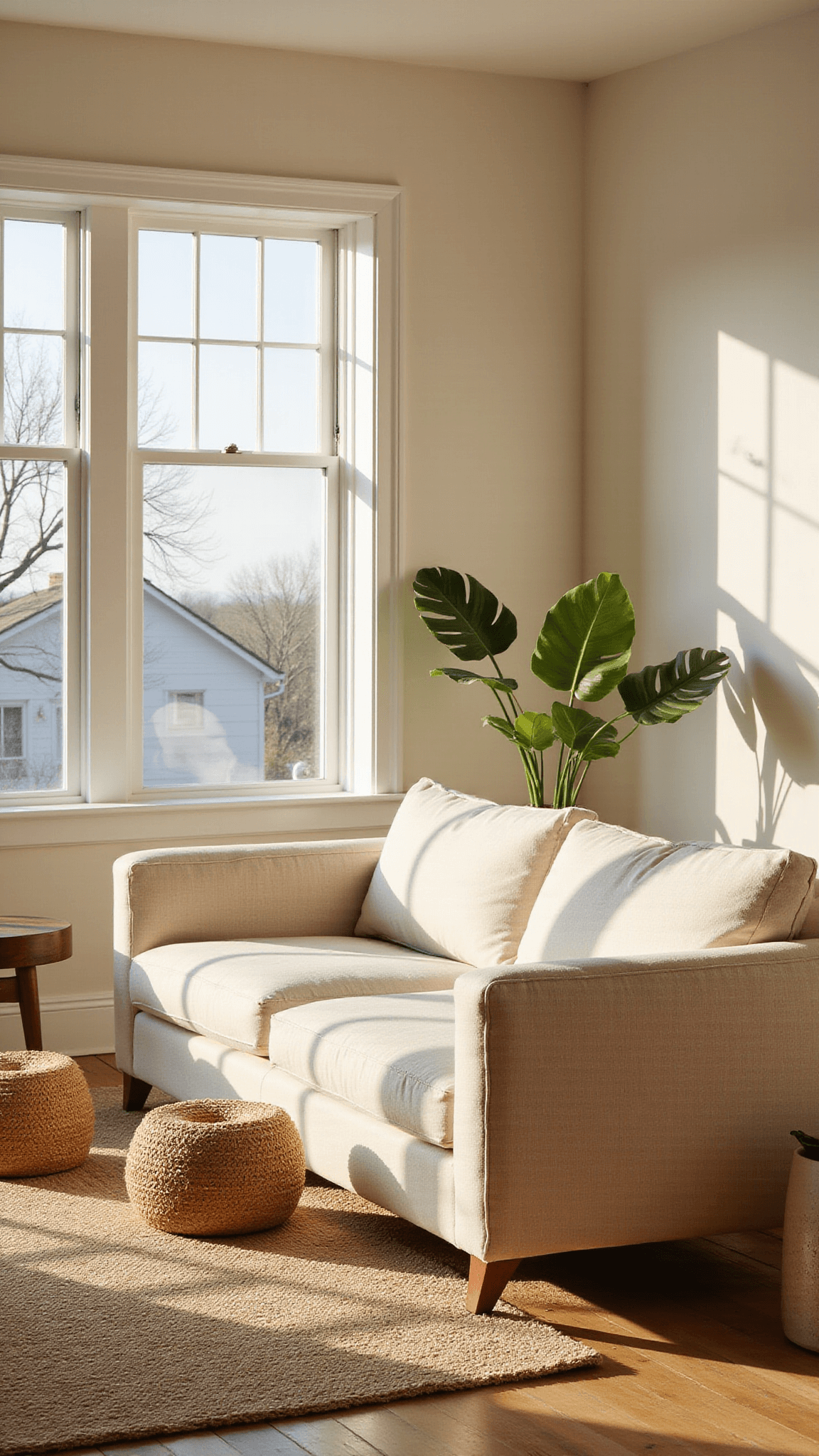 Sunlit modern living room with cream linen sofa, jute rug, walnut coffee table, woven poufs, and monstera plant, bathed in golden hour light from west-facing windows.