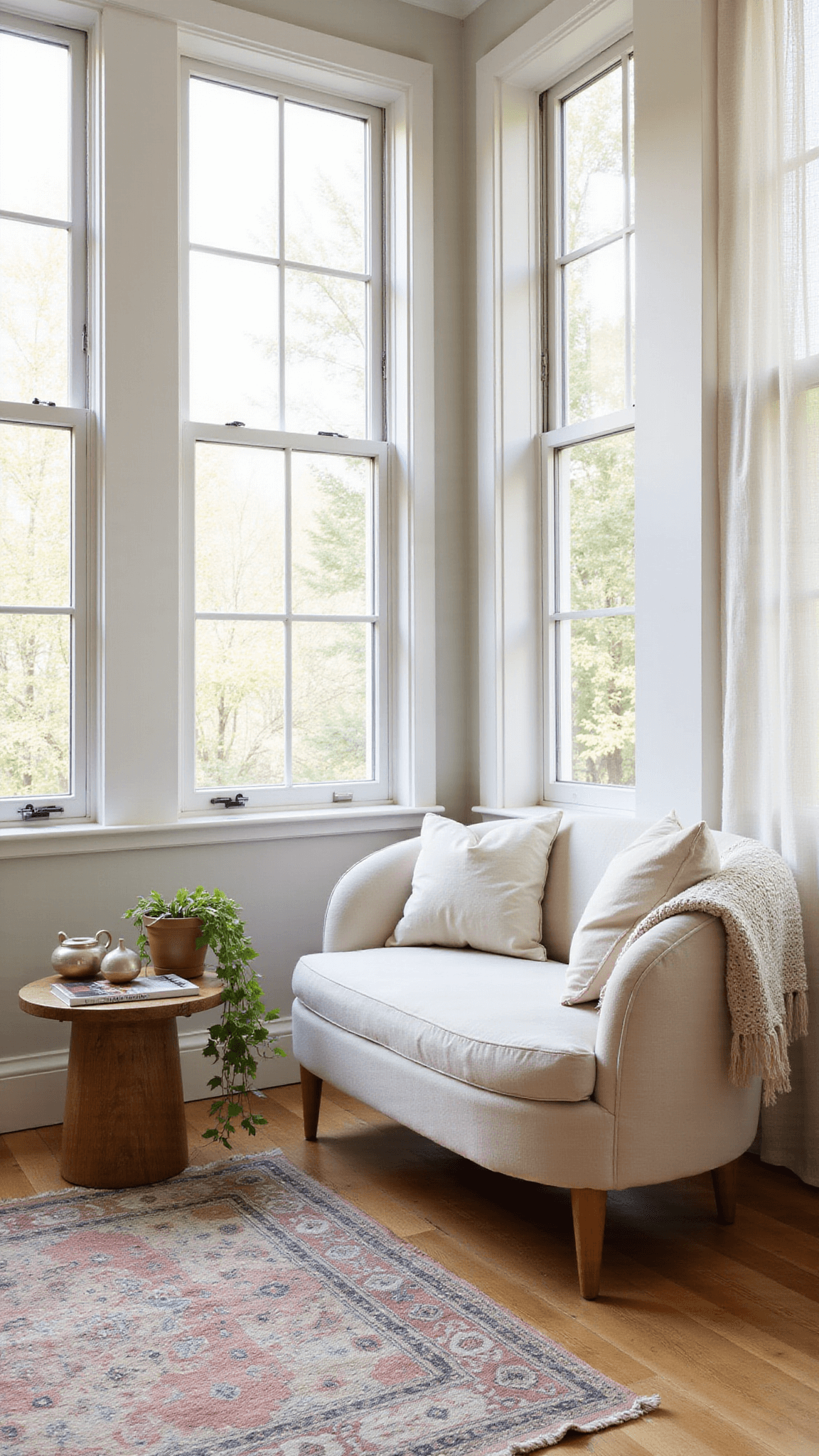 Cozy reading nook with curved oatmeal loveseat, oak side table with ceramics and pothos, layered textures, and soft morning light through sheer curtains.