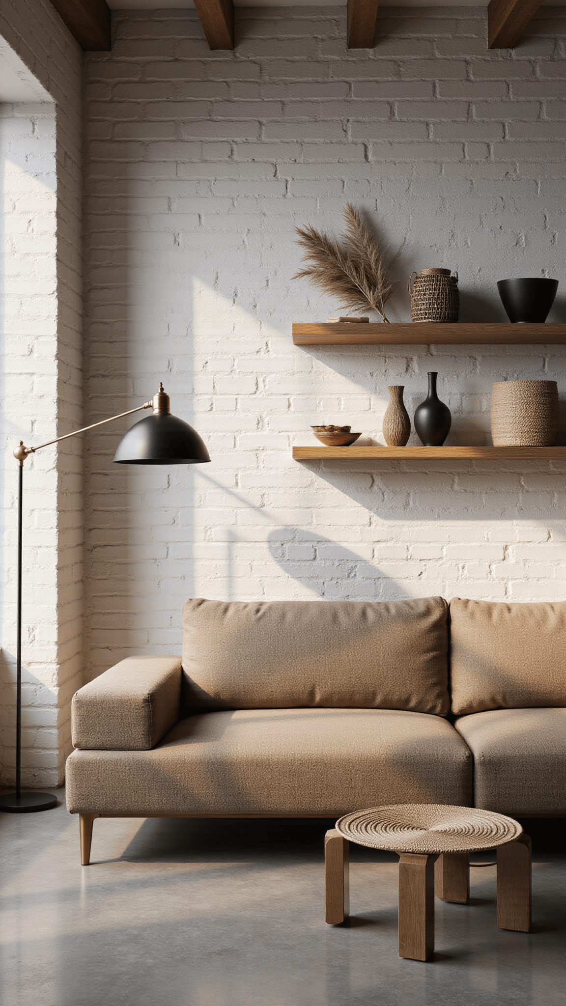 Modern open-concept room with greige hemp sectional, brass floor lamps, oak shelves, and textured whitewashed brick walls in dramatic late afternoon light.