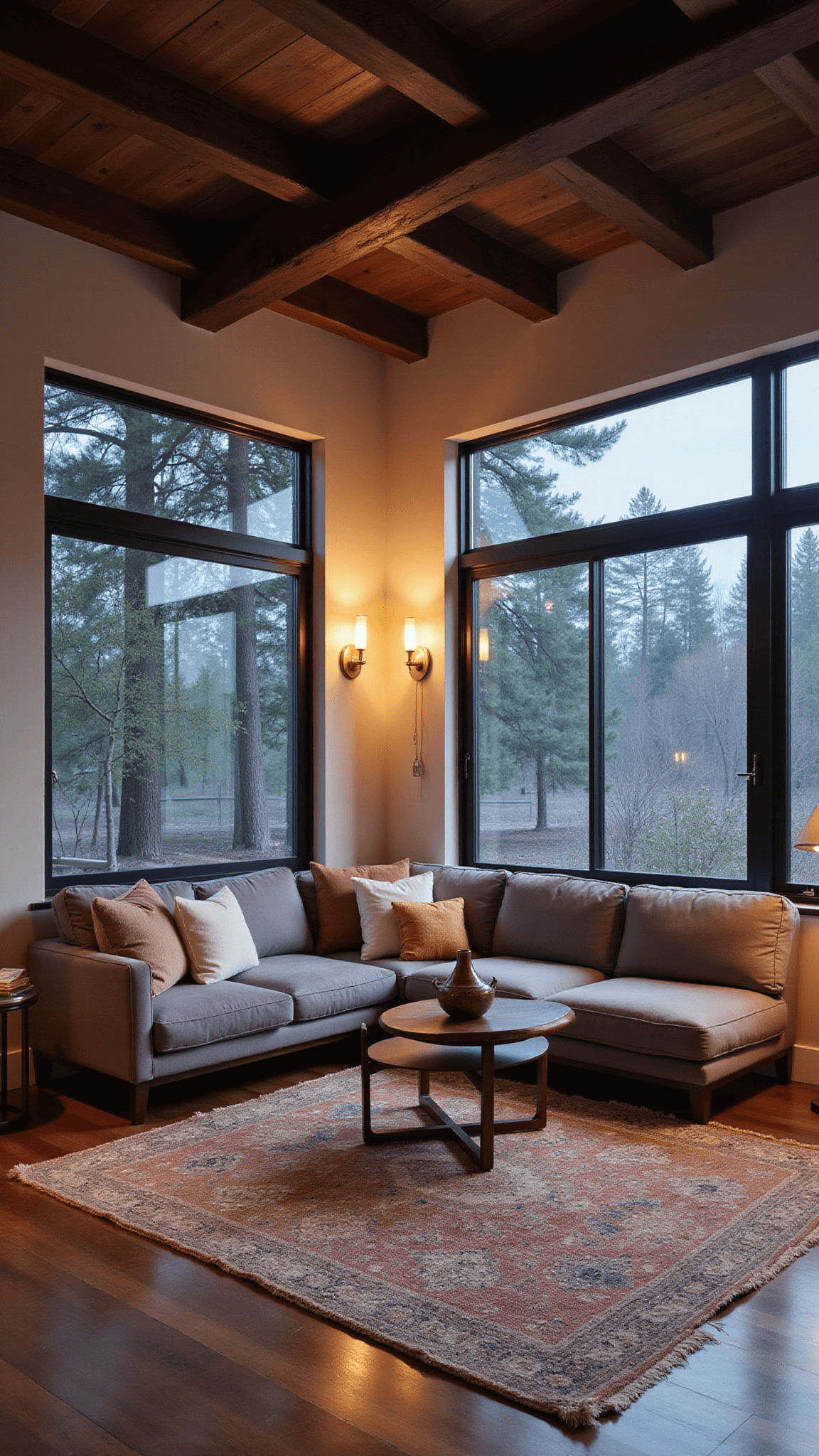 Cozy 16x20ft den with dark walnut ceiling beams, large metal-framed windows, stone gray organic cotton sofa with earth-toned pillows, vintage kilim rug, brass accent tables, handmade pottery, and warm dusk lighting.