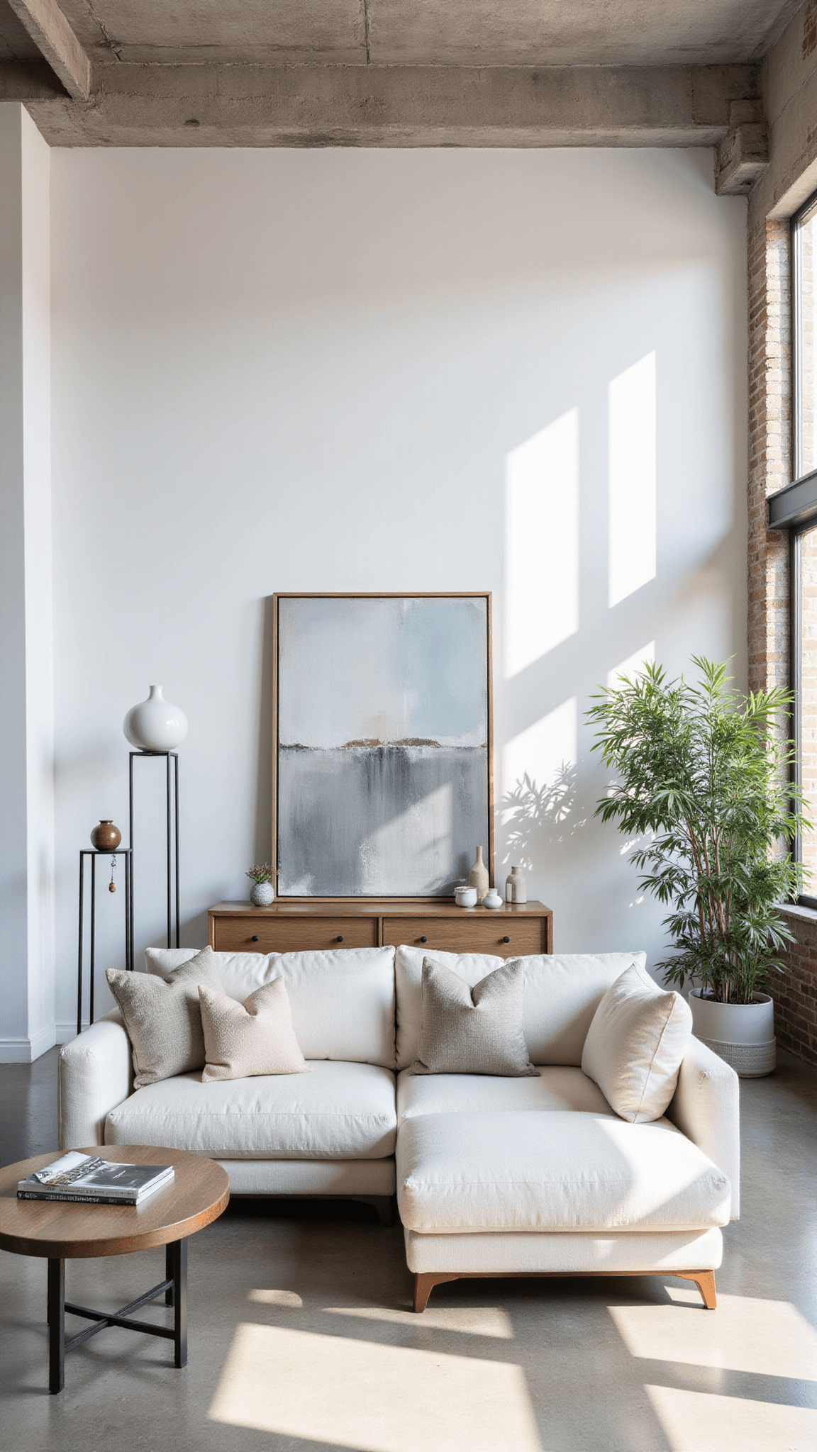 Contemporary loft with chalk white wool sectional, neutral cushions, polished concrete floors, industrial windows, and minimalist decor in natural light.