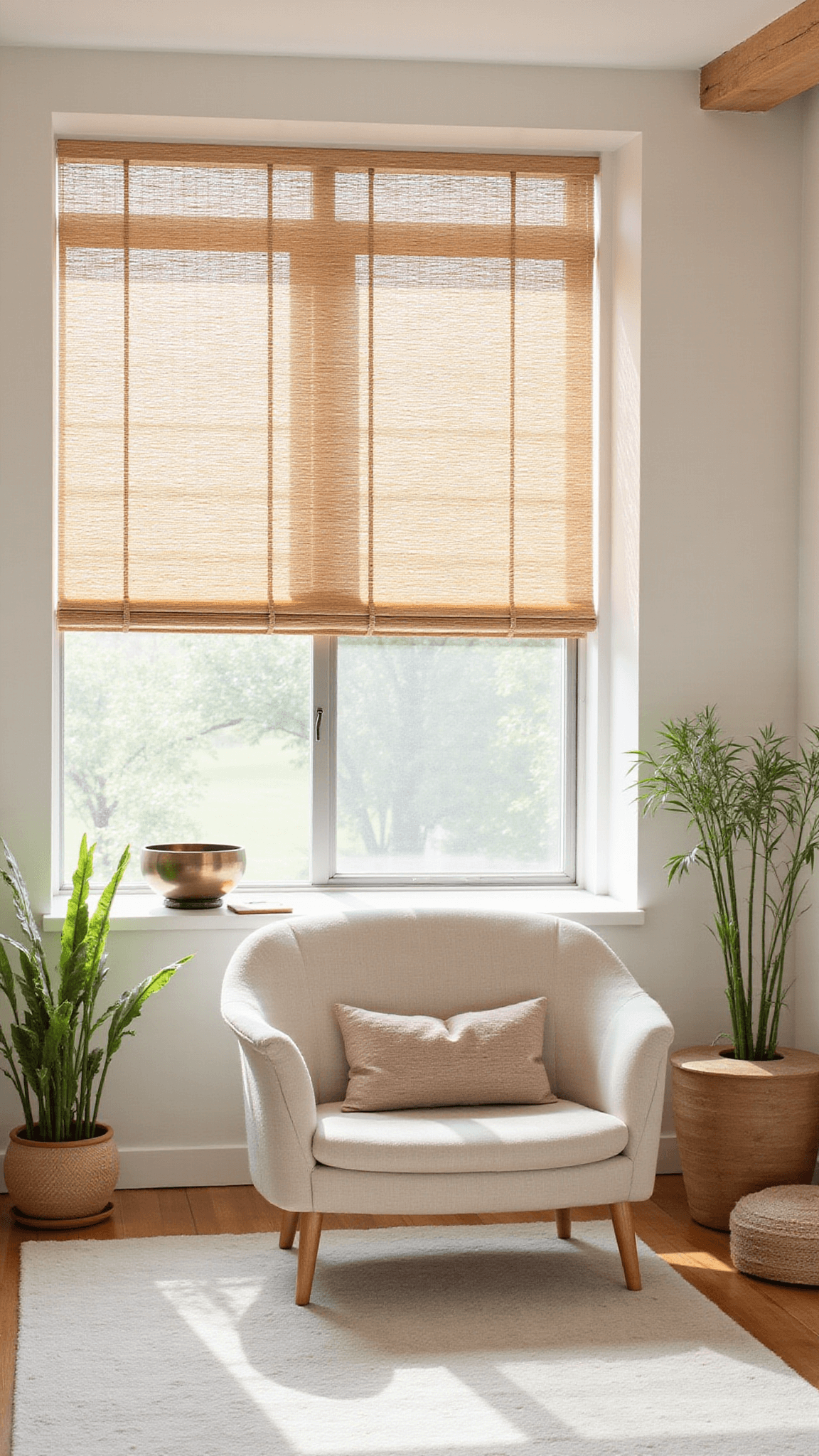 Zen-inspired 14x16ft meditation room with a natural wool loveseat, bamboo blinds casting soft shadows, meditation cushions, brass singing bowl, and potted bamboo, in warm neutral tones.