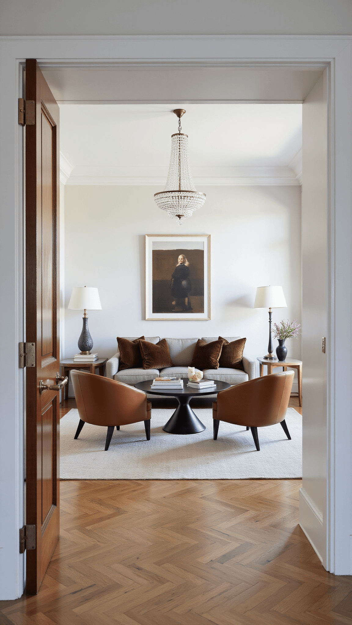 Formal living room with herringbone oak floors, linen sofa in mushroom grey, cognac leather chairs, crystal chandelier, and elegant decor.