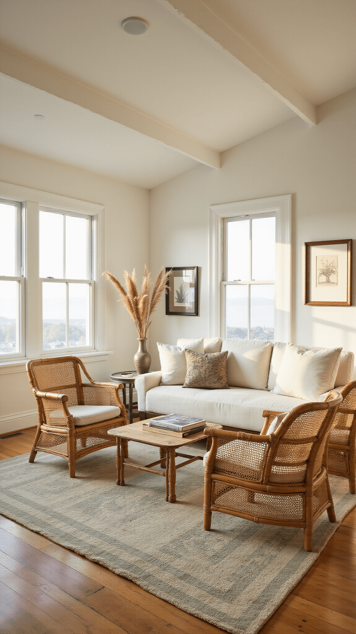 Sunlit living room with vaulted ceilings, floor-to-ceiling windows, cream sofa, rattan chairs, Persian rug, and soft golden-hour lighting.