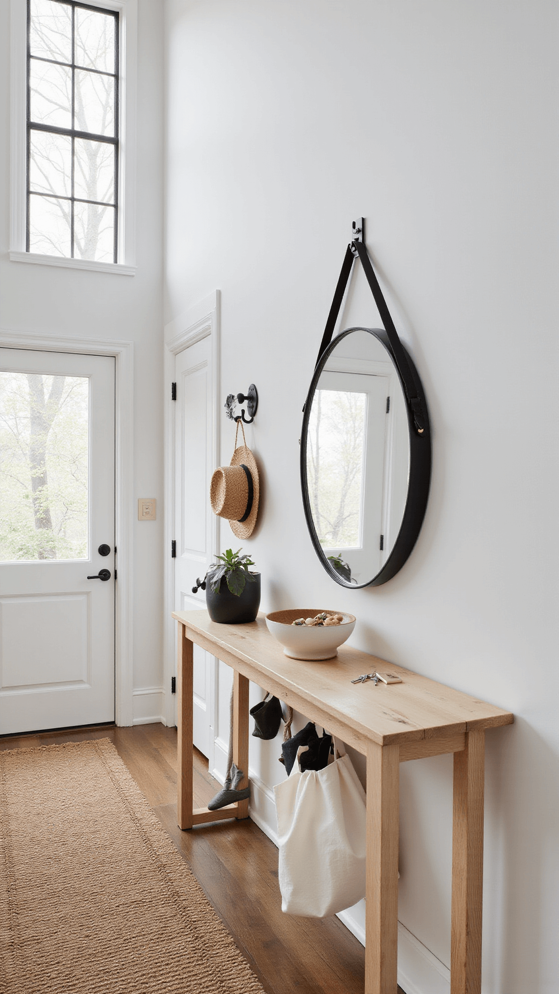 Minimalist entryway with tall ceiling, oak console table, round mirror, sisal runner, and morning light casting shadows through iron-framed windows.