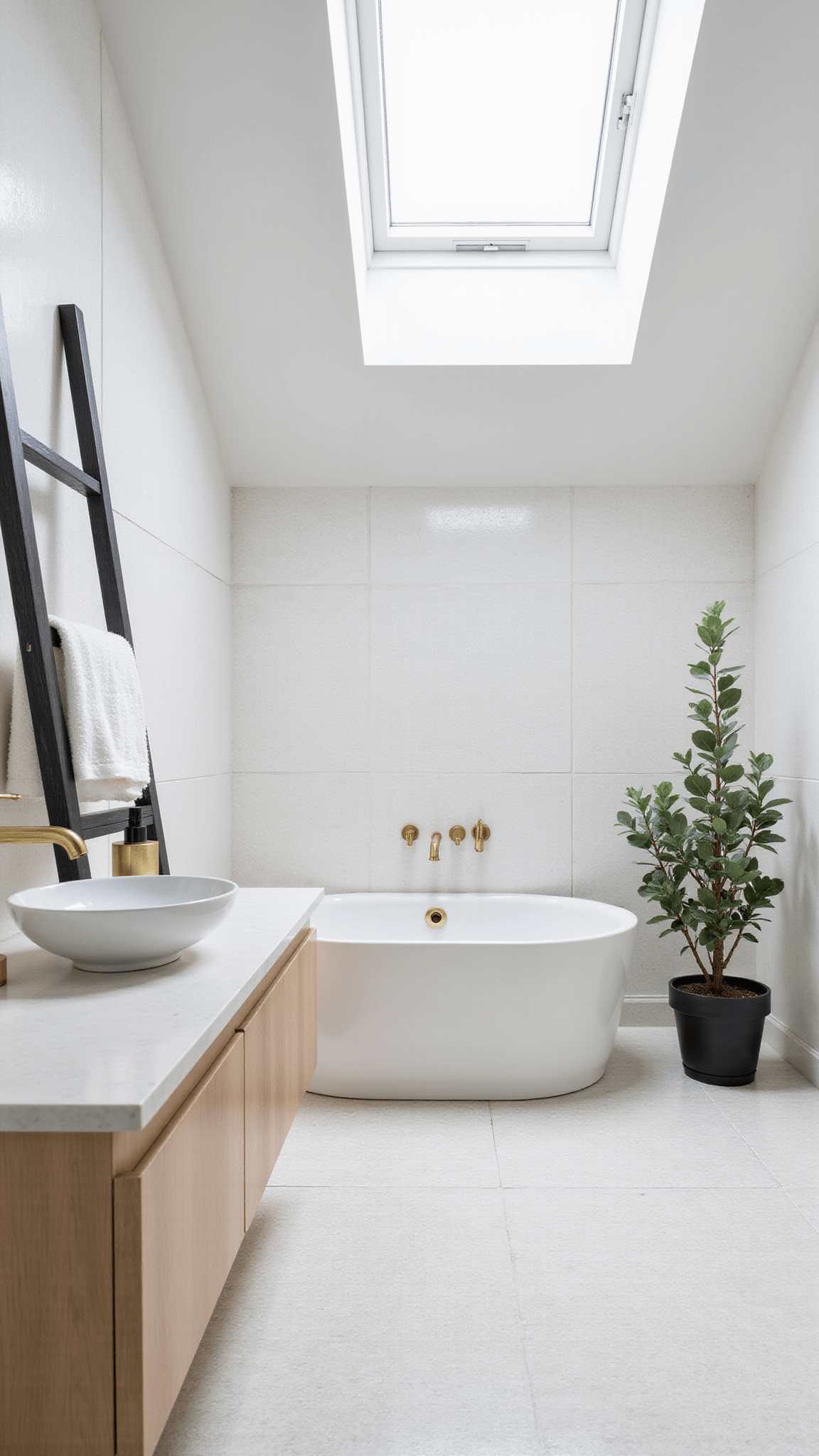 Serene bathroom with freestanding oval tub, skylight, white tile wall, pale oak floating vanity, brass fixtures, and eucalyptus plant.