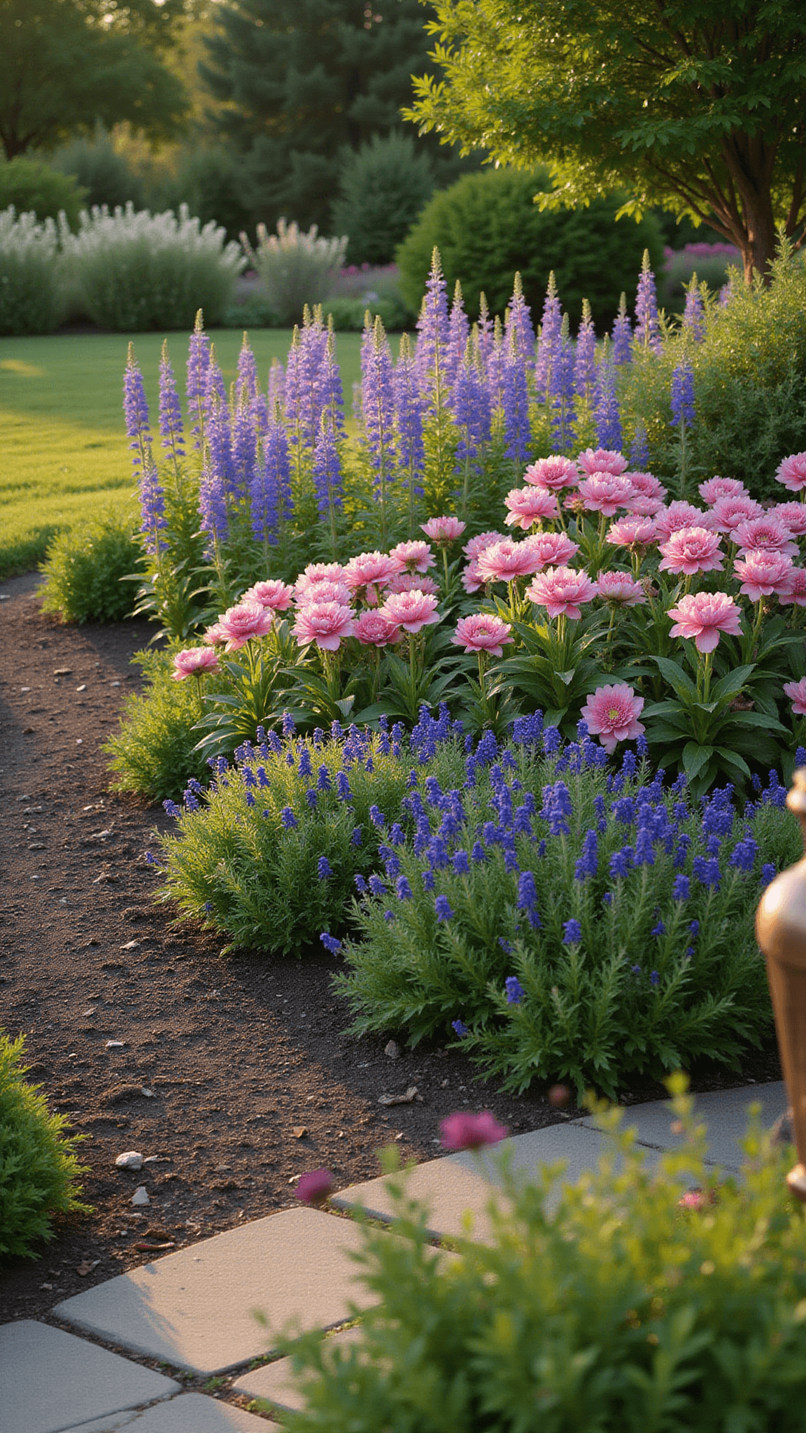 Romantic garden at golden hour with layered flowers, curved stone path, and copper ornaments, shot at low angle with soft bokeh background.