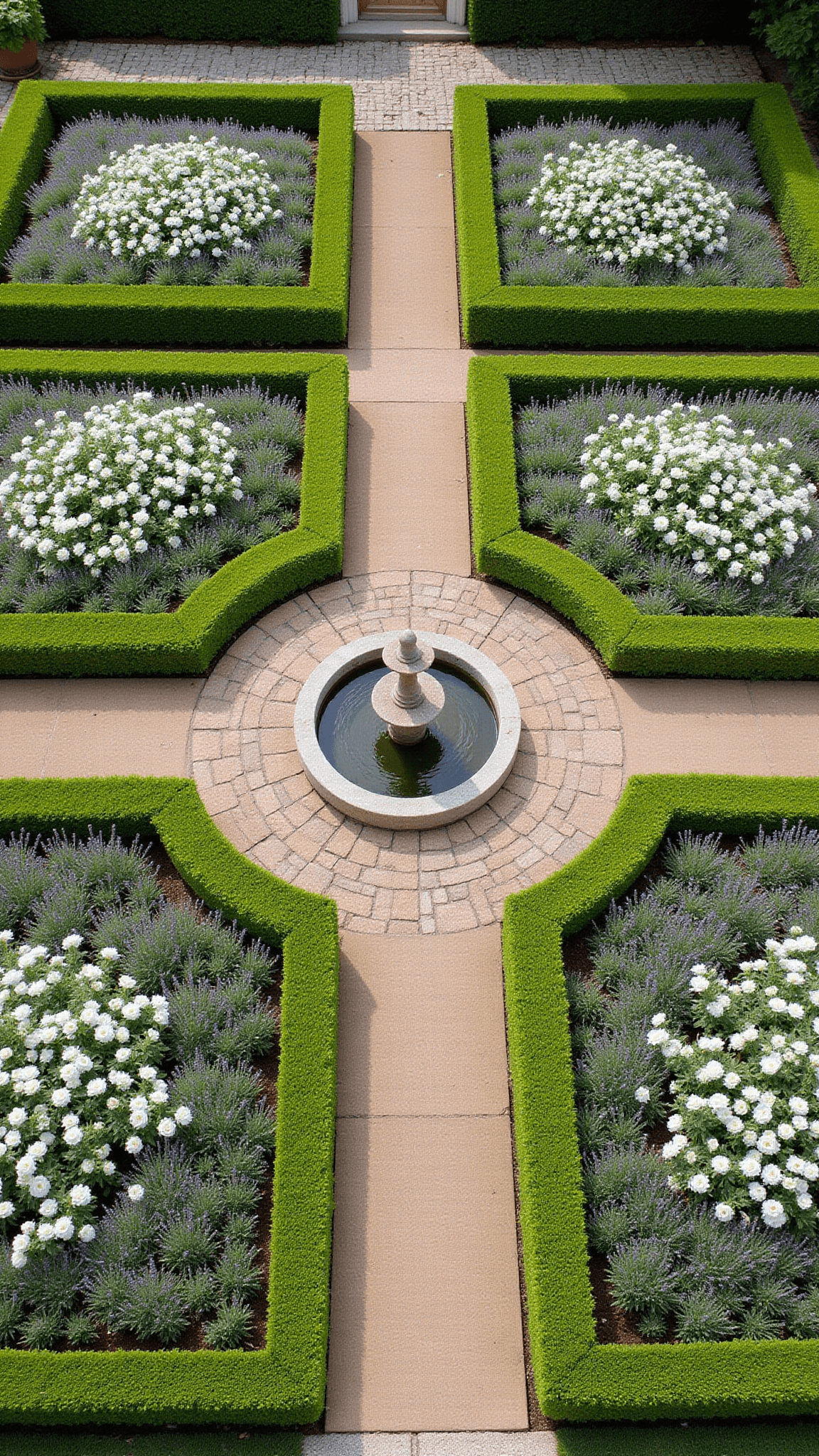 Bird's eye view of a symmetrical 20x20ft formal garden with boxwood hedges, white roses, lavender, artemisia, and central limestone fountain, captured from 15ft overhead.