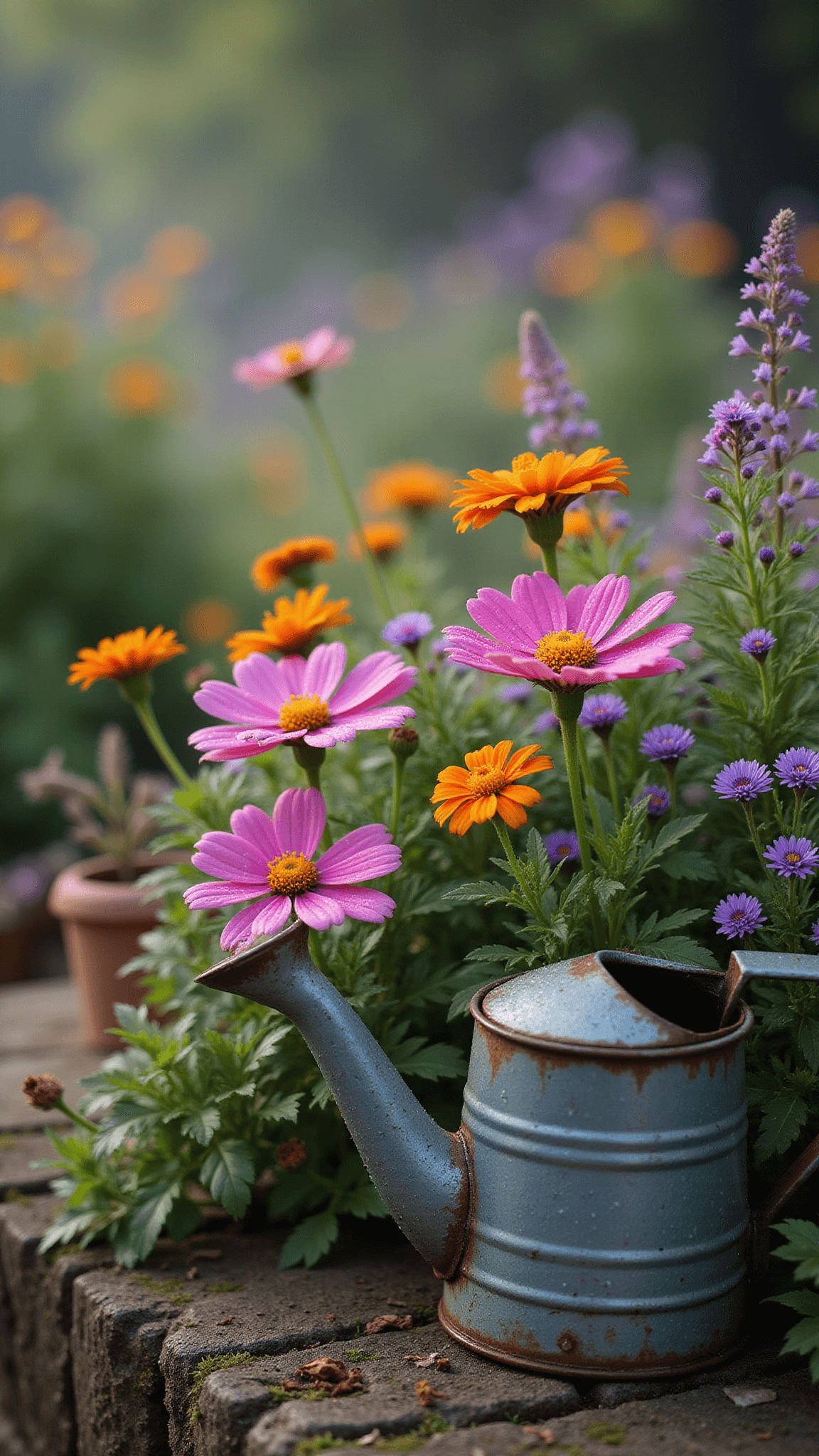 Macro shot of dewy pink cosmos, orange marigolds, and purple verbena in cottage garden at dawn with vintage watering can and terracotta pots amidst soft mist.