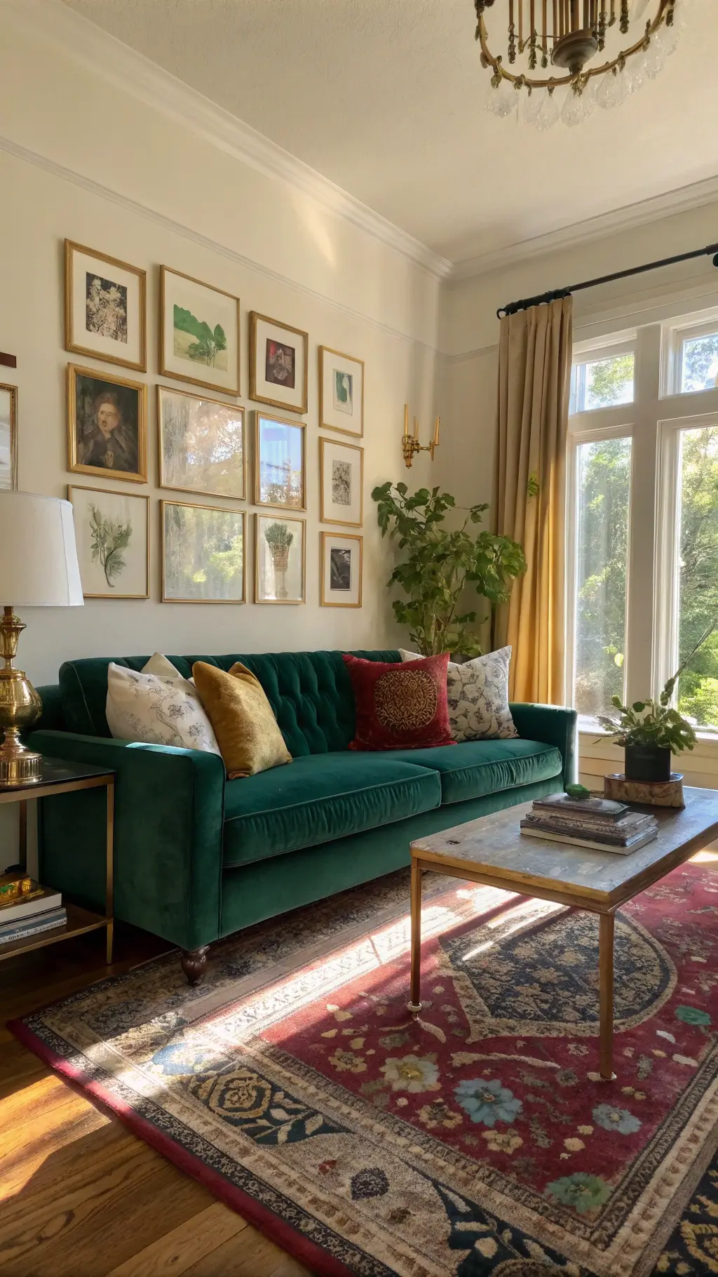 Sunlit living room with emerald velvet sofa, colorful silk cushions, vintage Persian rug over jute, brass coffee table, and eclectic gallery wall, captured at golden hour through sheer botanical curtains.