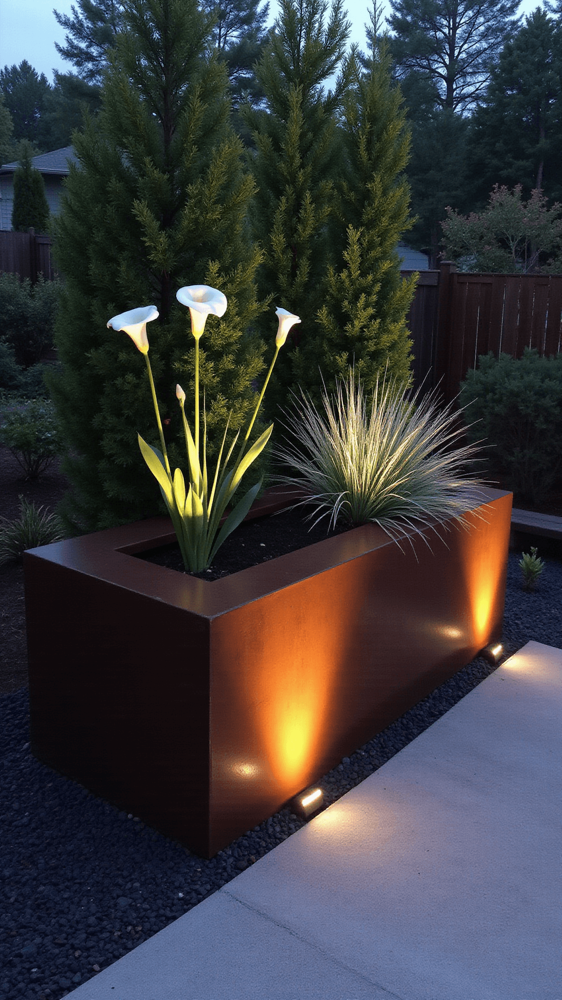 Modern minimalist flower bed at twilight with Corten steel planter, black mondo grass, white calla lilies, silver Korean fir, LED uplighting, and charcoal pebble mulch, viewed at 45-degree angle.
