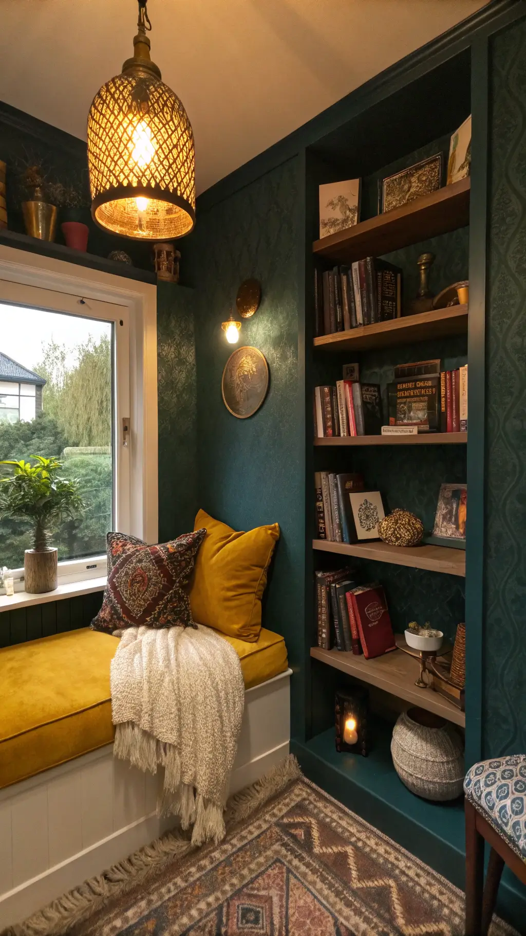 Cozy eye-level reading nook with mustard velvet window seat, dark teal wallpaper, copper shelves, Moroccan lamp, and vintage kilim cushions during blue hour.