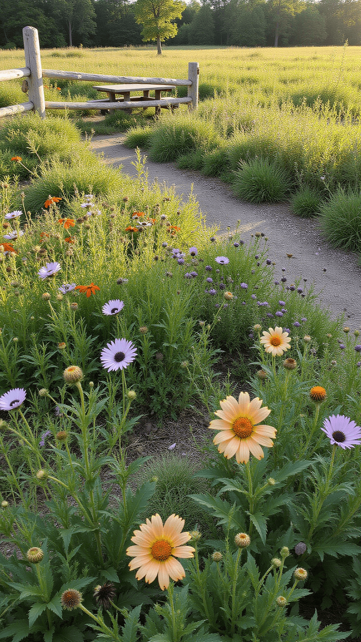 Naturalistic prairie garden with native wildflowers, a wooden bench, meandering paths, and a rustic split-rail fence bathed in warm late afternoon sunlight.