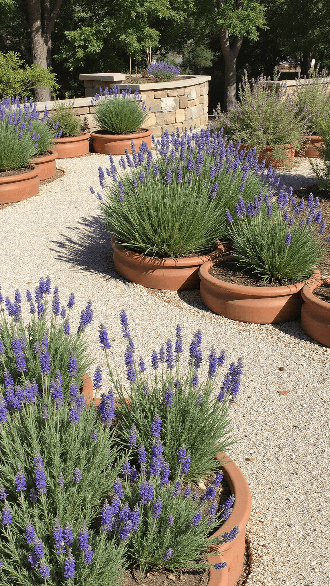 Mediterranean-style flower bed with terra cotta planters of lavender, rosemary, and salvias, set among gravel paths and limestone walls, viewed from above at midday with soft diffused light.