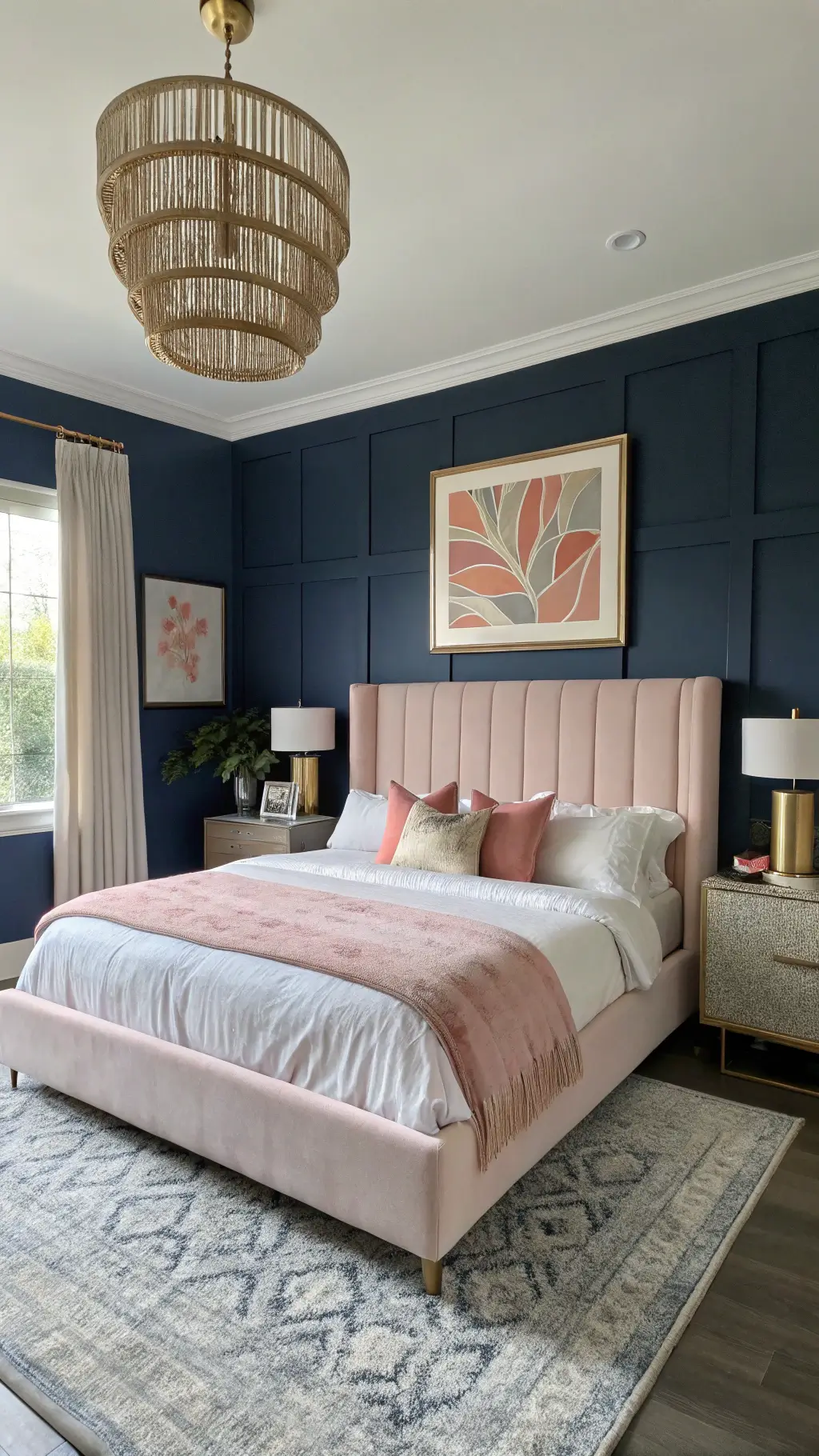 Master bedroom with blush pink upholstered headboard against a midnight blue accent wall, layered linen bedding, vintage suzani textiles, brass bedside tables with milk glass lamps, coral and gold abstract art, rattan pendant light, and sunlight through floor-length linen drapes.