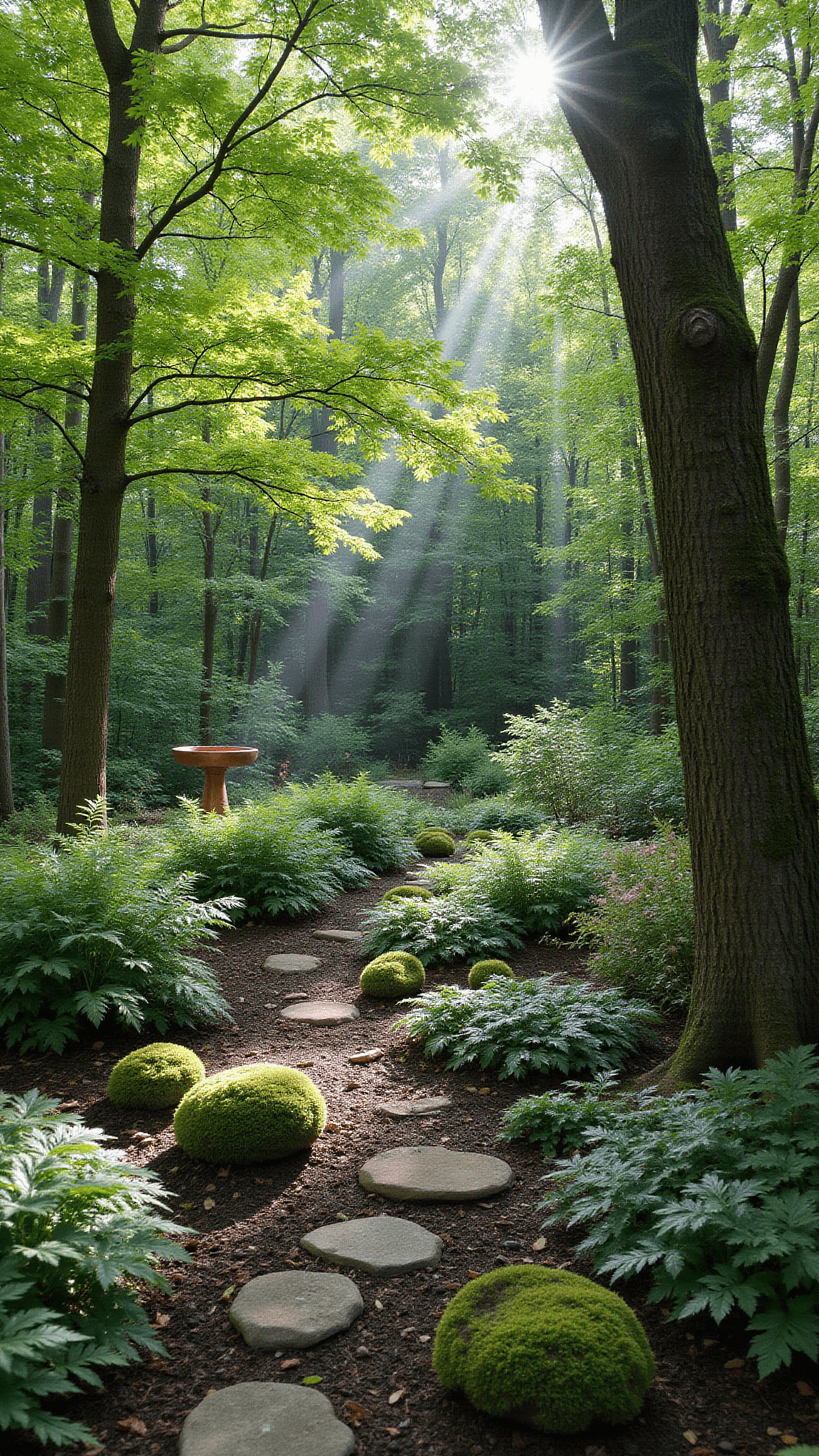 Ground-level view of a serene shade garden with layered hostas, ferns, and astilbe under dappled morning light, featuring moss-covered stones and a copper bird bath.