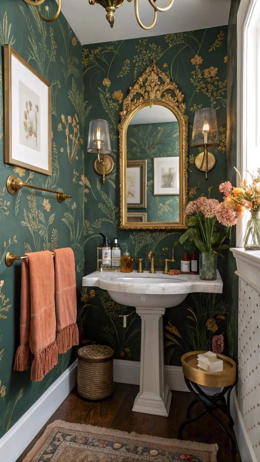 Elegant powder room with green and gold botanical wallpaper, antique brass mirror, crystal sconces, vintage marble washstand, amber apothecary bottles, Turkish towels, Art Nouveau prints, Moroccan table with flowers.