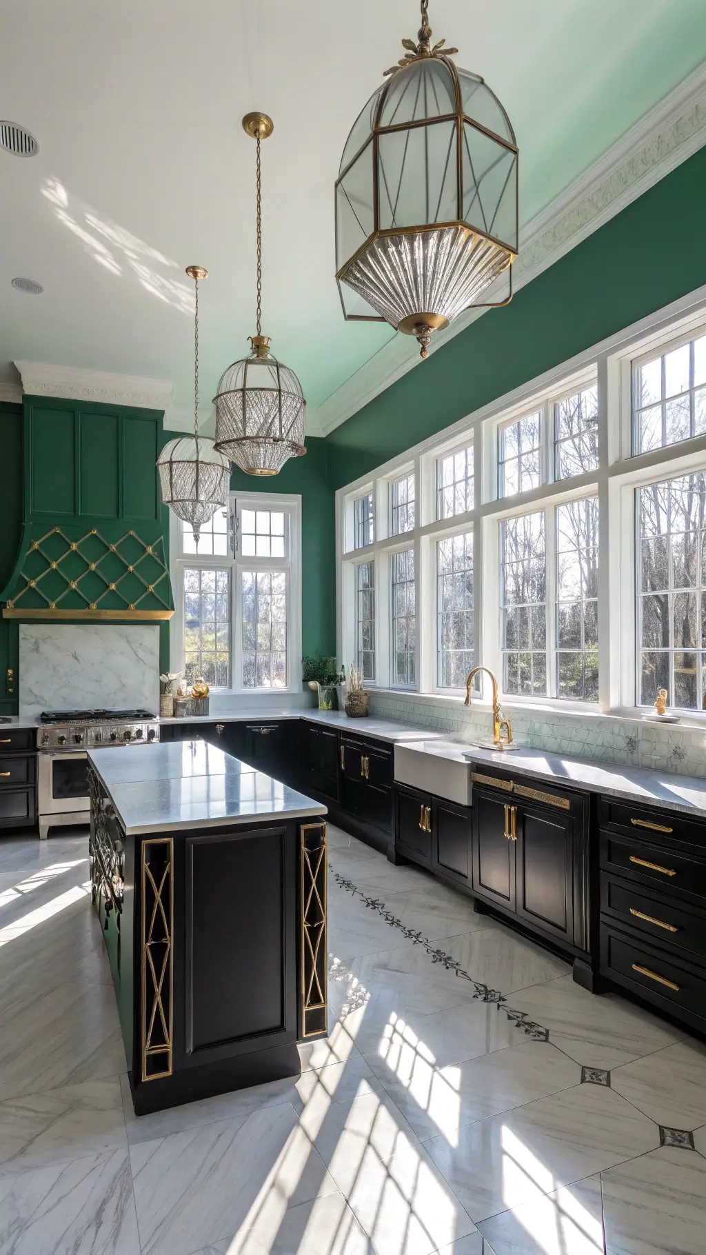 Art Deco kitchen with emerald green walls, marble countertops, chrome fixtures, and geometric black-and-white tile, bathed in morning sunlight.