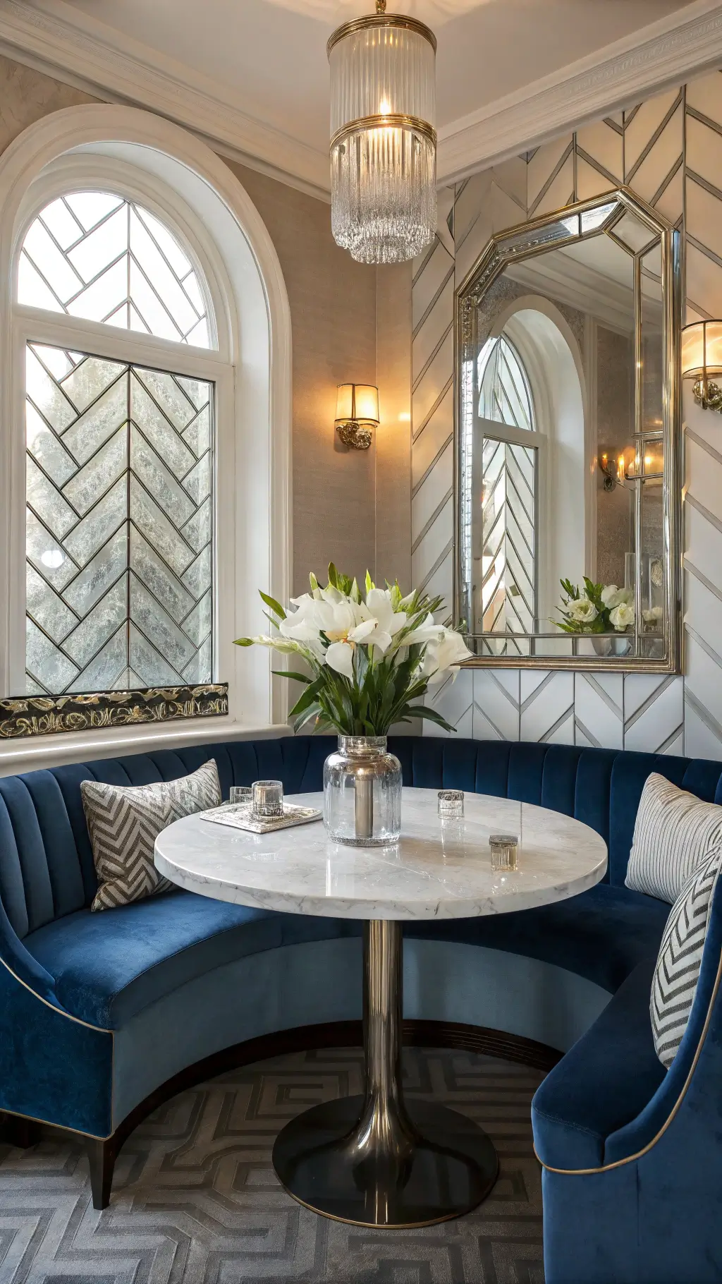 Art Deco kitchen nook with sapphire velvet banquette, marble table, white lilies, and chevron wallpaper lit by golden hour sunlight.