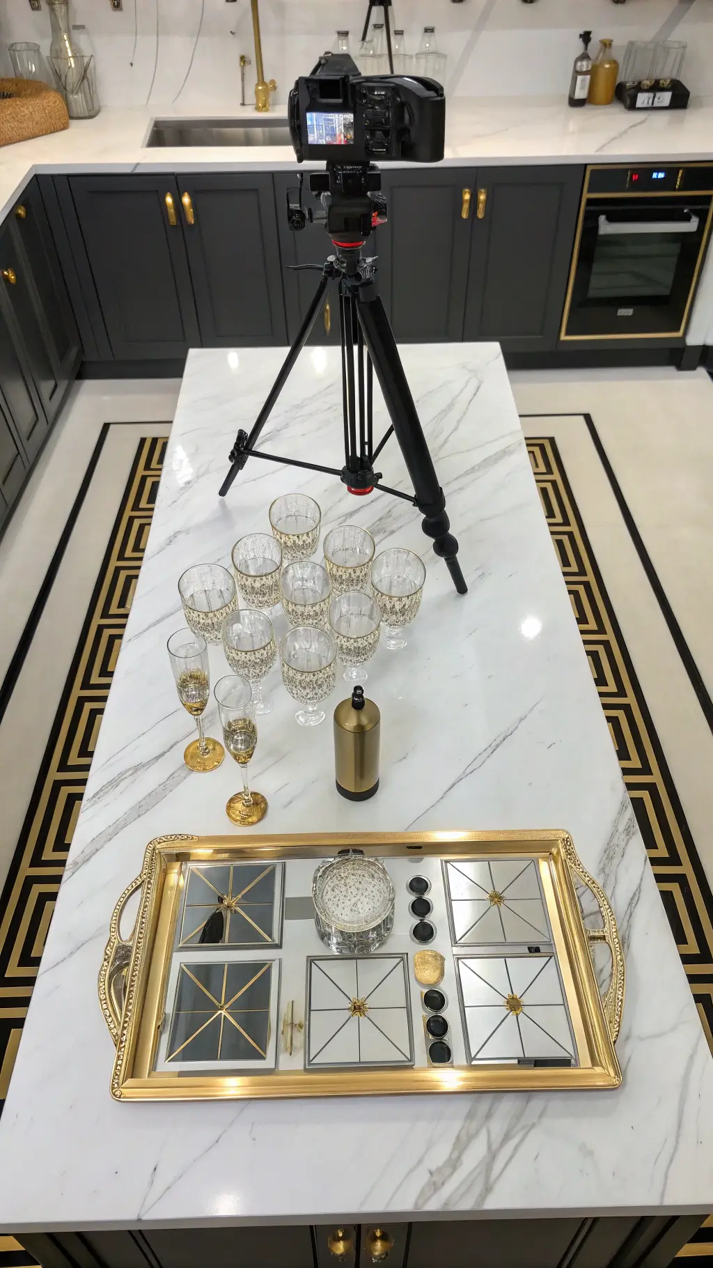 Overhead view of Art Deco kitchen island with brass tray, crystal decanters, and symmetrical chrome and glass decor on white marble, framed by black and gold geometric runners.