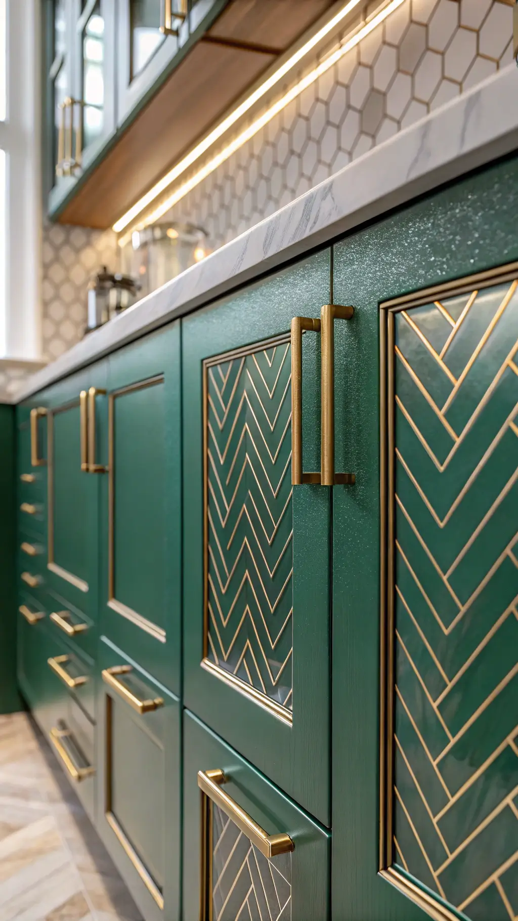 Close-up of Art Deco emerald kitchen cabinetry with brass chevron inlays, chrome handles, and prismatic reflections on textured glass fronts.